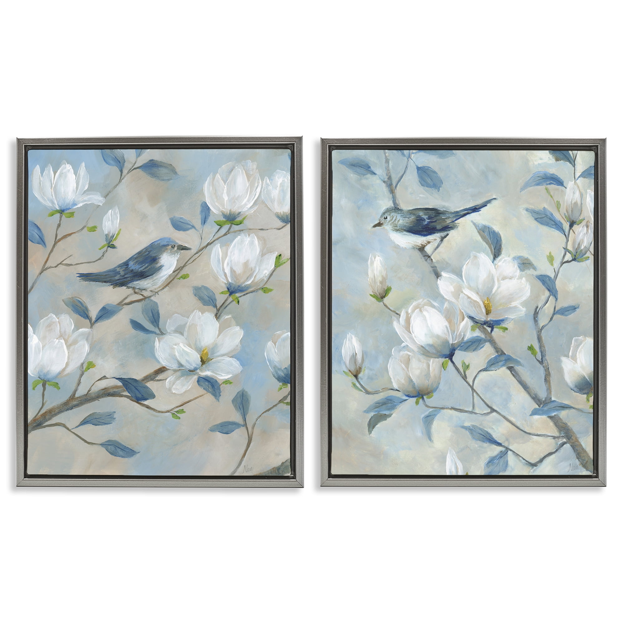 Stupell Industries Blue Birds in Magnolia Tree 2 Piece Gray Framed Floater Canvas Set, design by Nan