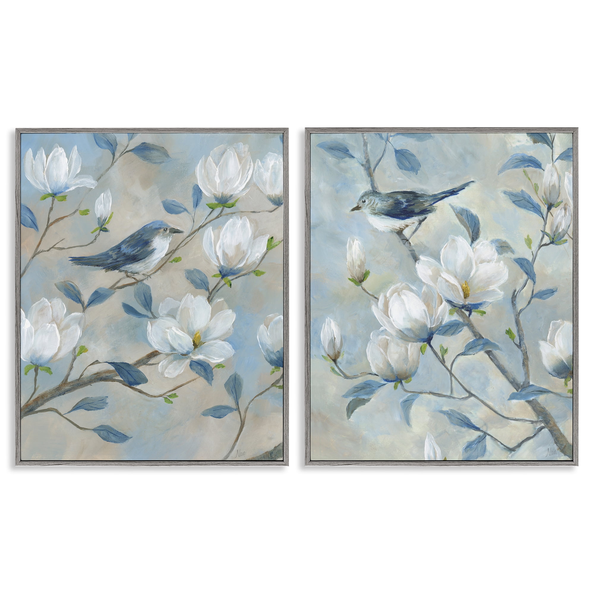 Stupell Industries Blue Birds in Magnolia Tree 2 Piece Gray Framed Giclee Art Set, design by Nan