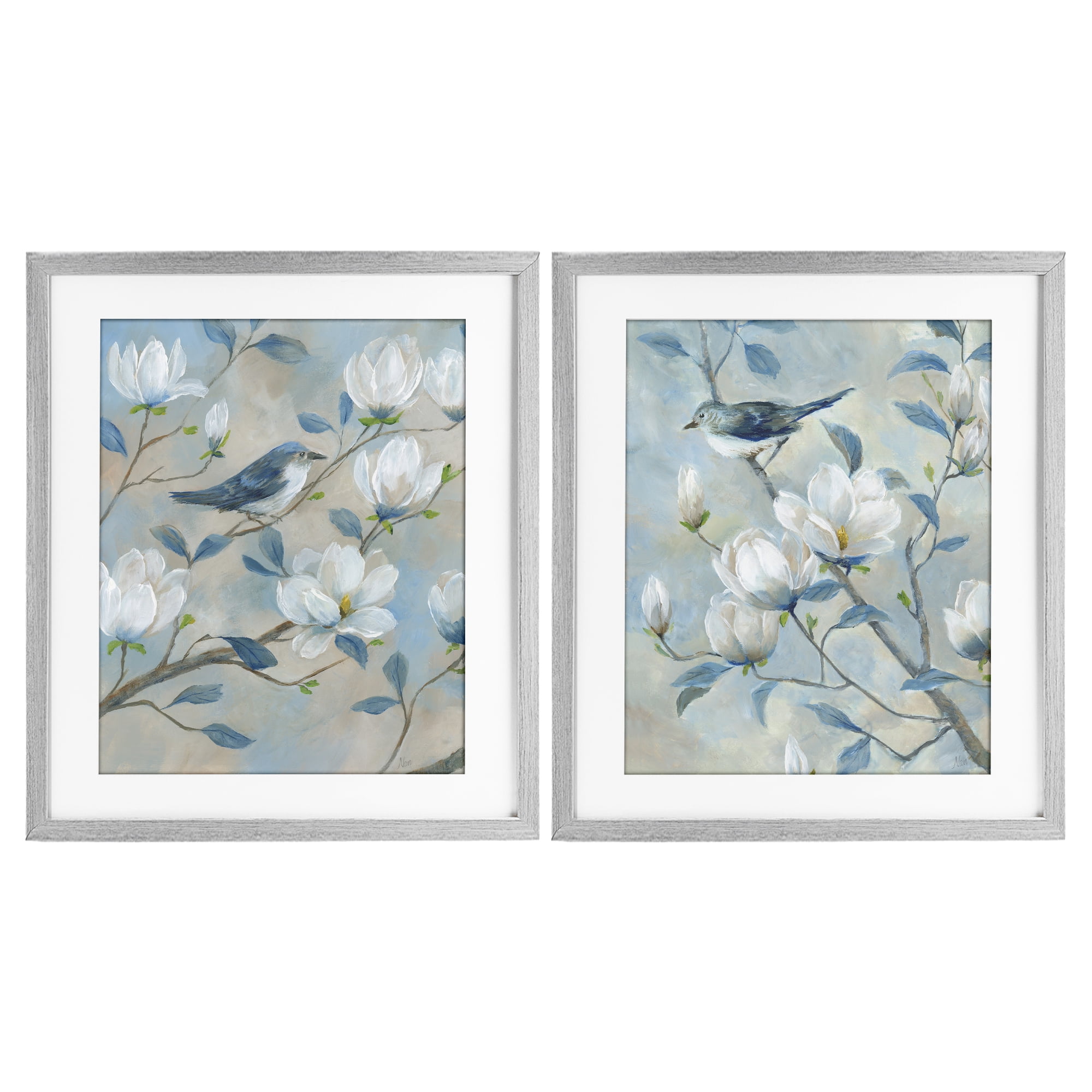Stupell Industries Blue Birds in Magnolia Tree 2 Piece Gray Framed Print Under Glass Set, design by Nan