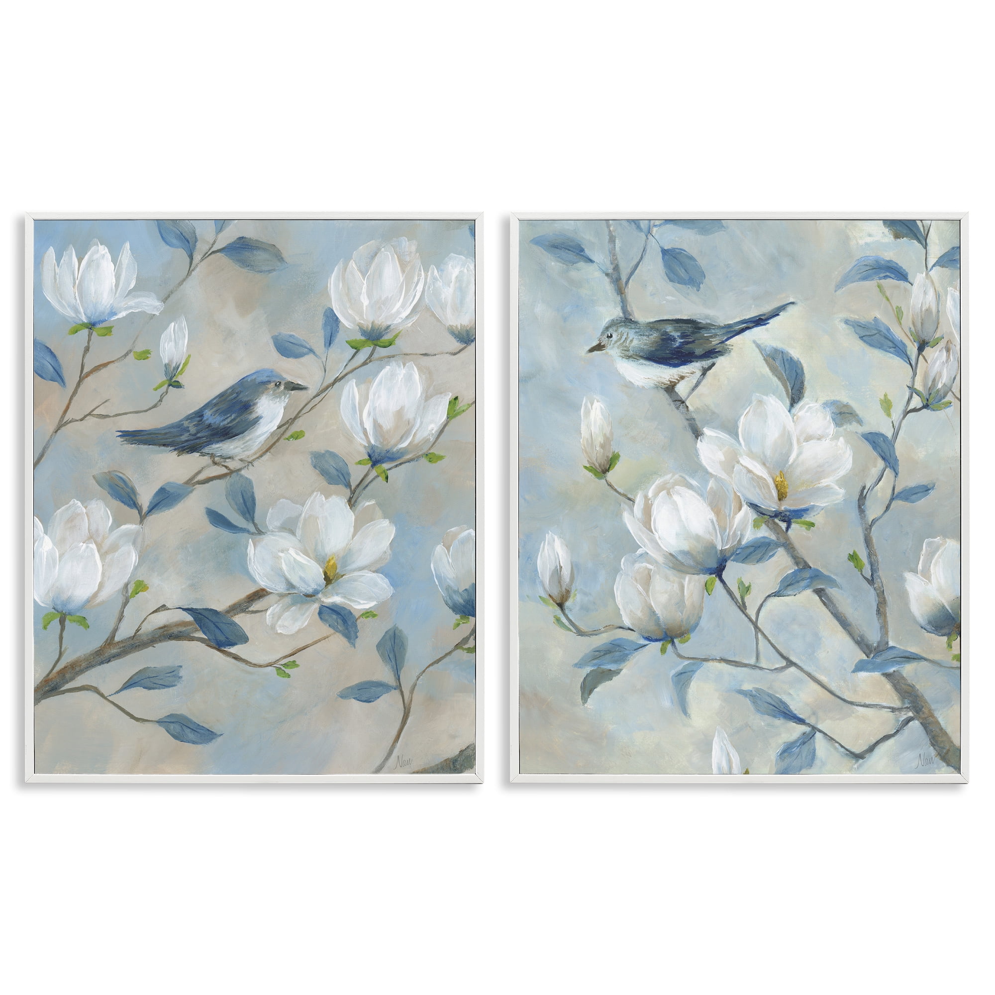 Stupell Industries Blue Birds in Magnolia Tree 2 Piece White Framed Giclee Art Set, design by Nan