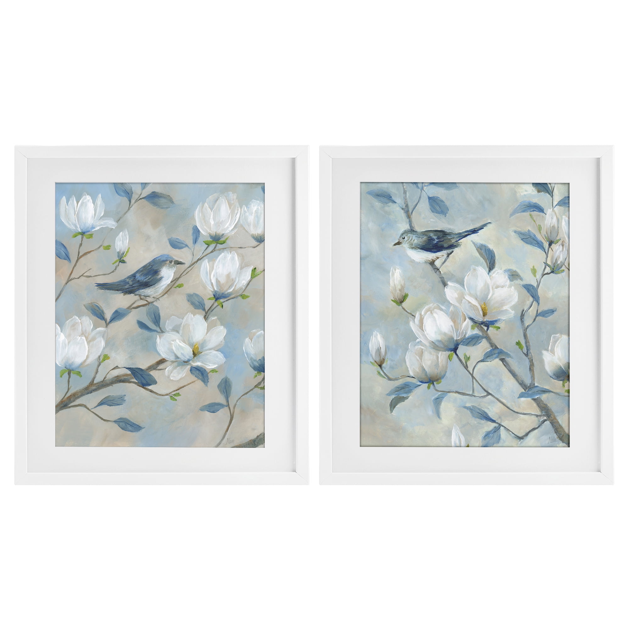 Stupell Industries Blue Birds in Magnolia Tree 2 Piece White Framed Print Under Glass Set, design by Nan