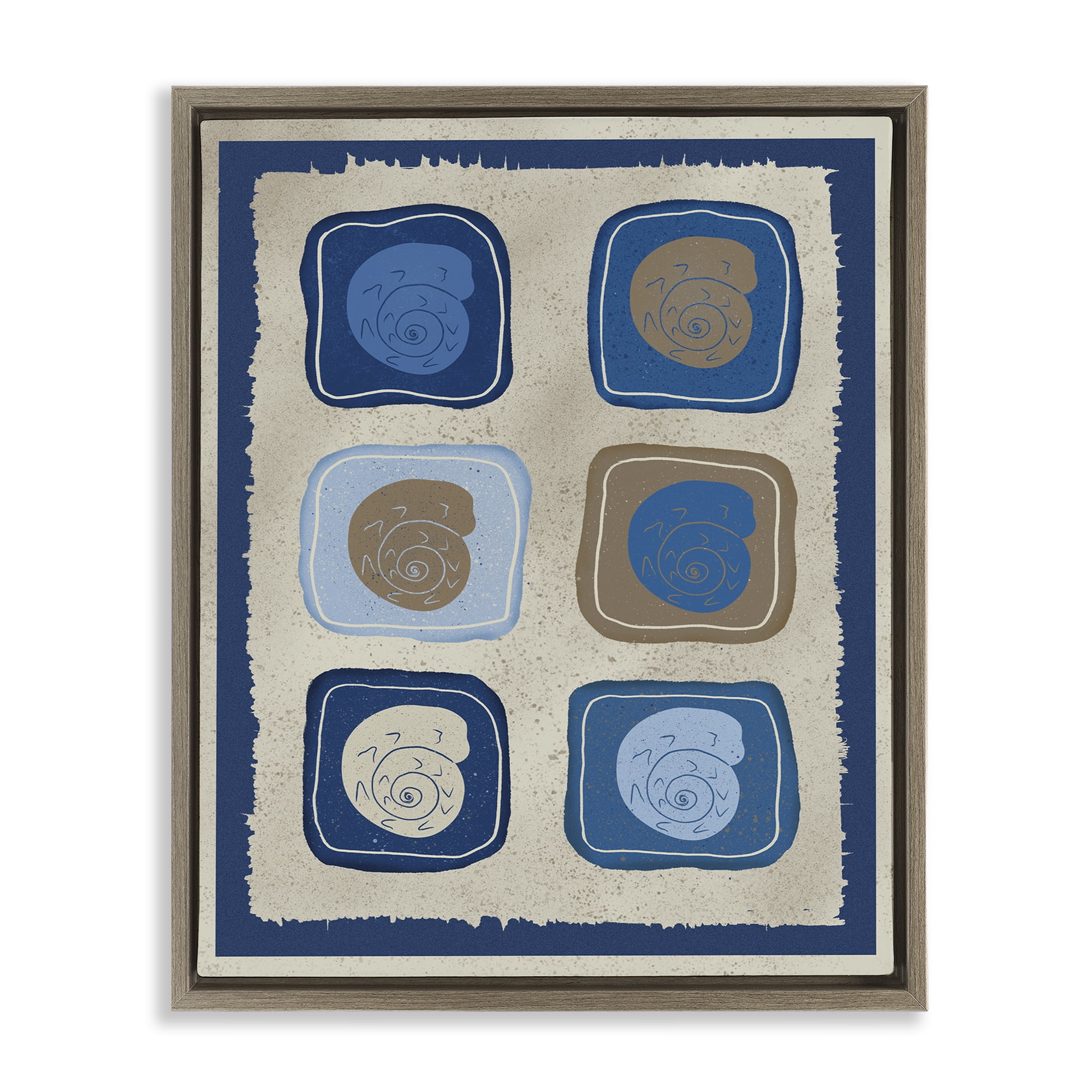 Stupell Industries Blue Blocked Nautilus Brown Framed Floater Canvas Wall Art, design by Julia Frost