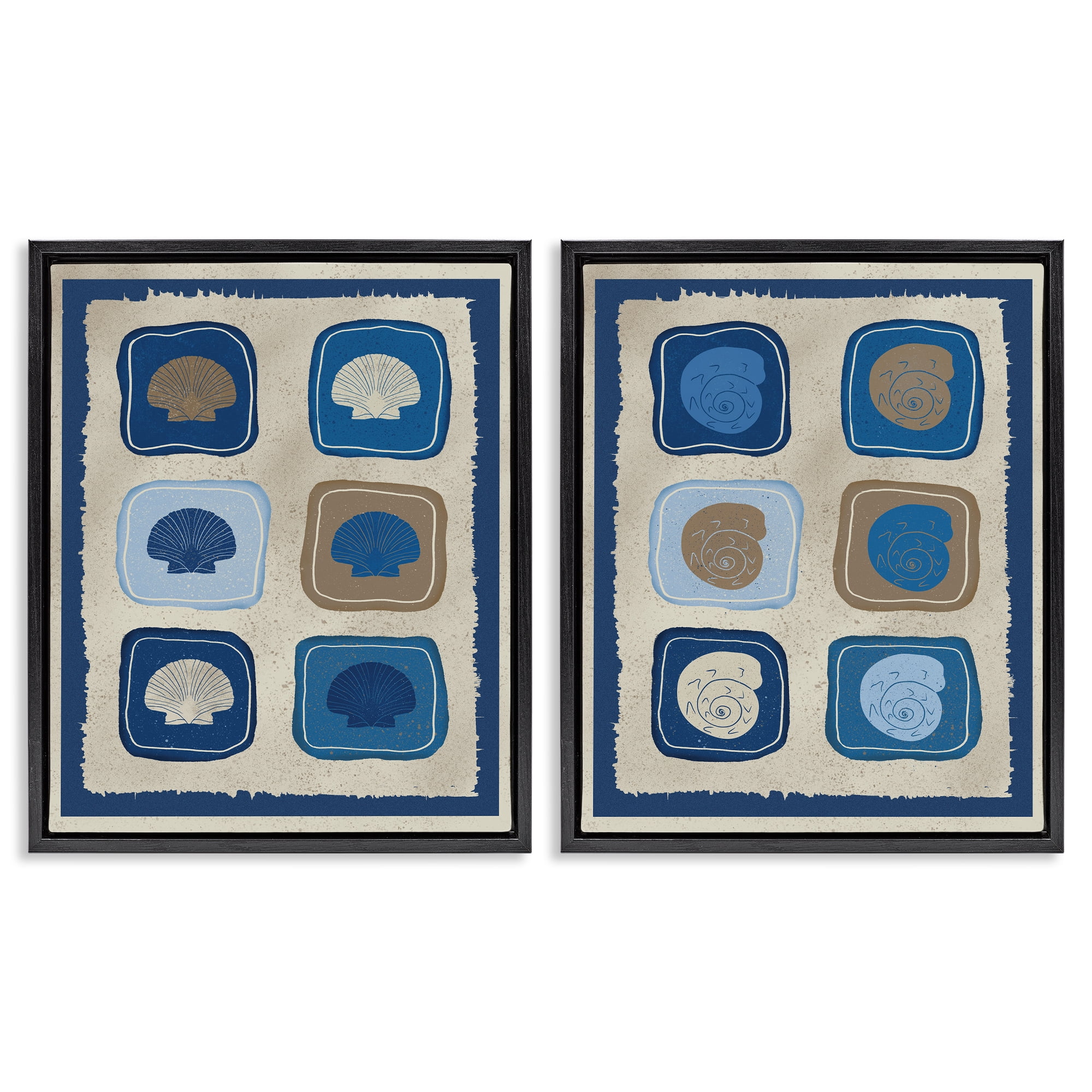 Stupell Industries Blue Blocked Seashells 2 Piece Black Framed Floater Canvas Set, design by Julia Frost