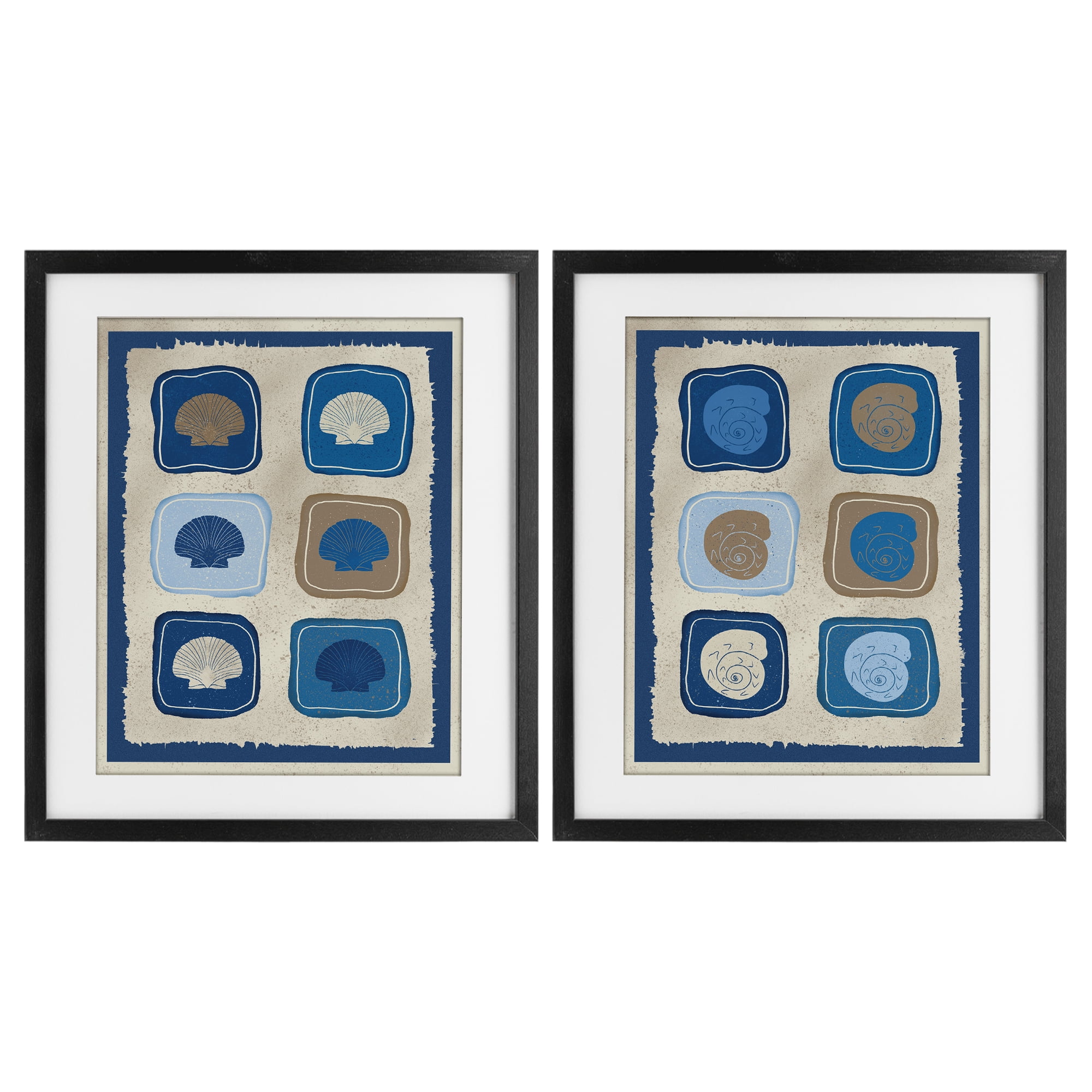 Stupell Industries Blue Blocked Seashells 2 Piece Black Framed Print Under Glass Set, design by Julia Frost