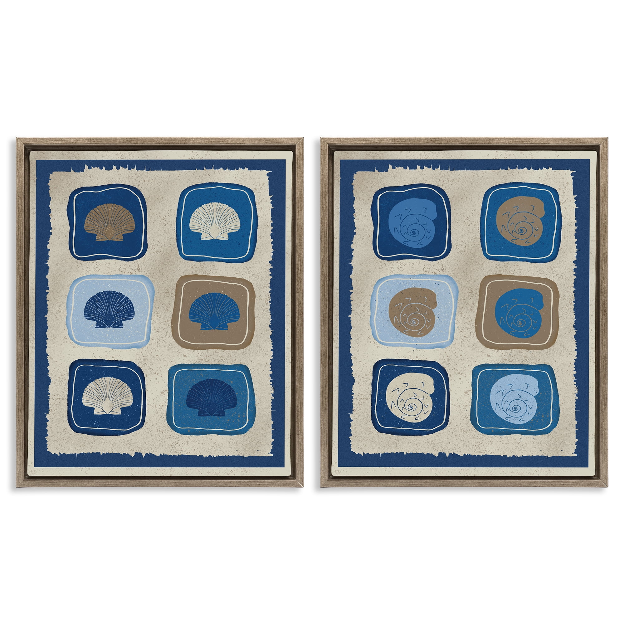 Stupell Industries Blue Blocked Seashells 2 Piece Brown Framed Floater Canvas Set, design by Julia Frost