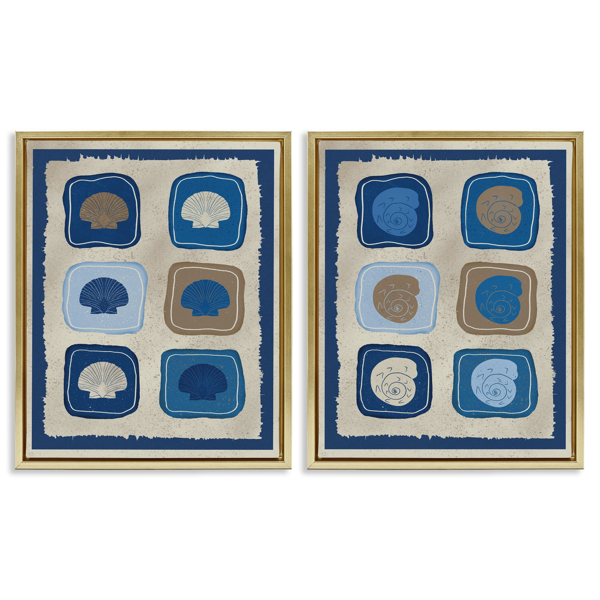 Stupell Industries Blue Blocked Seashells 2 Piece Gold Framed Floater Canvas Set, design by Julia Frost