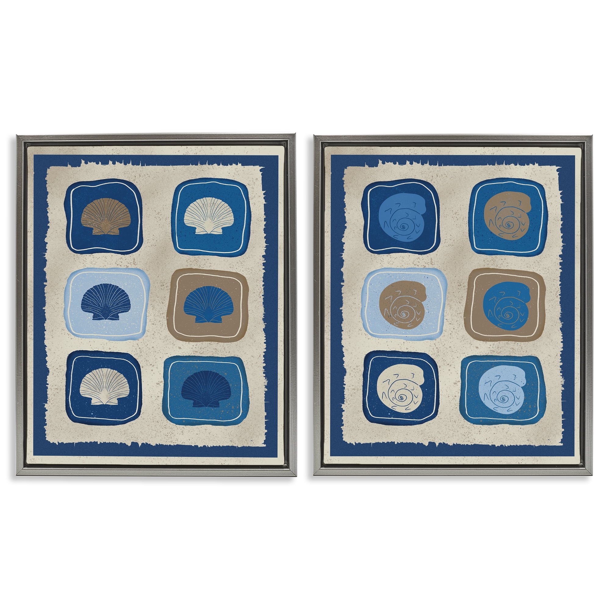 Stupell Industries Blue Blocked Seashells 2 Piece Gray Framed Floater Canvas Set, design by Julia Frost