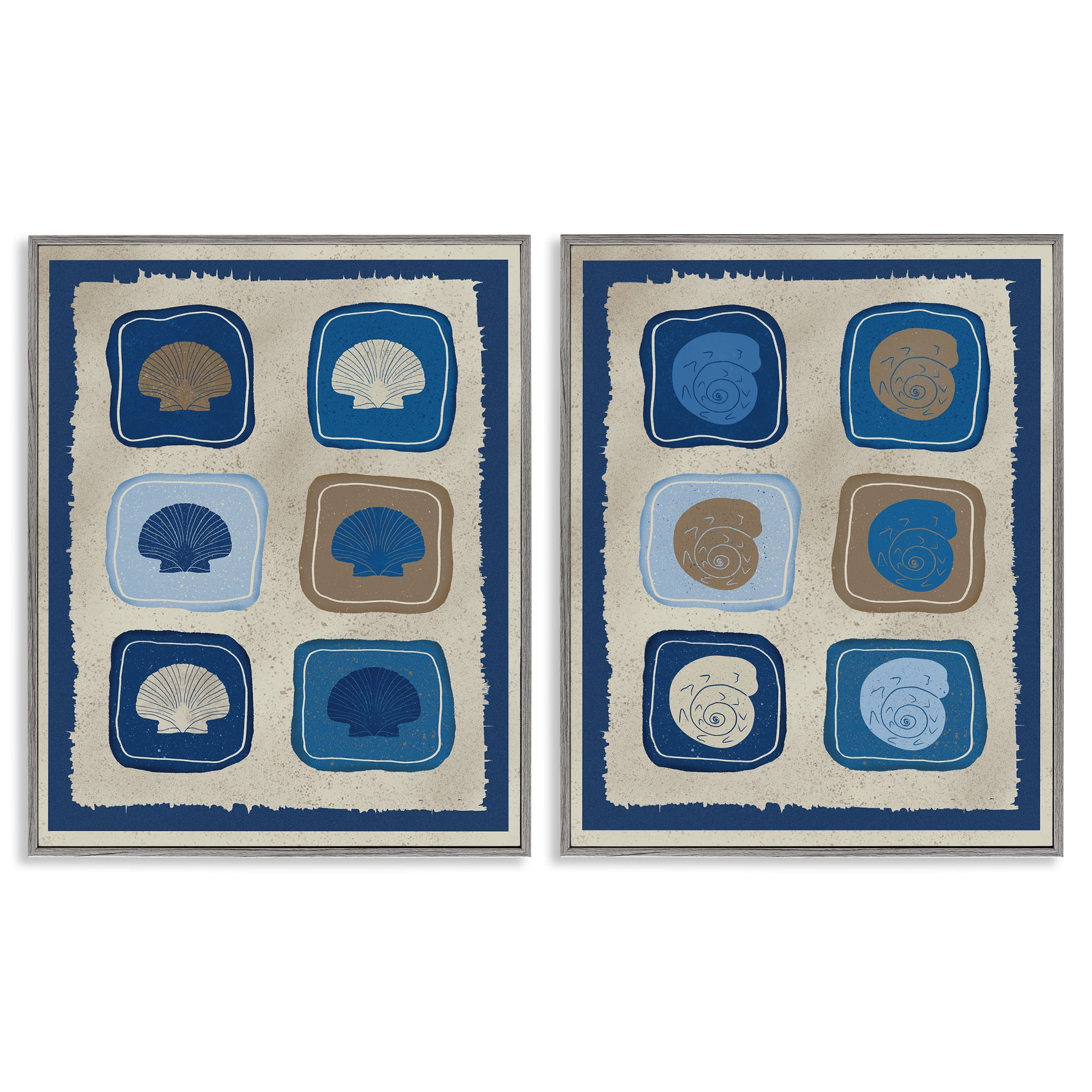 Stupell Industries Blue Blocked Seashells 2 Piece Gray Framed Giclee Art Set, design by Julia Frost