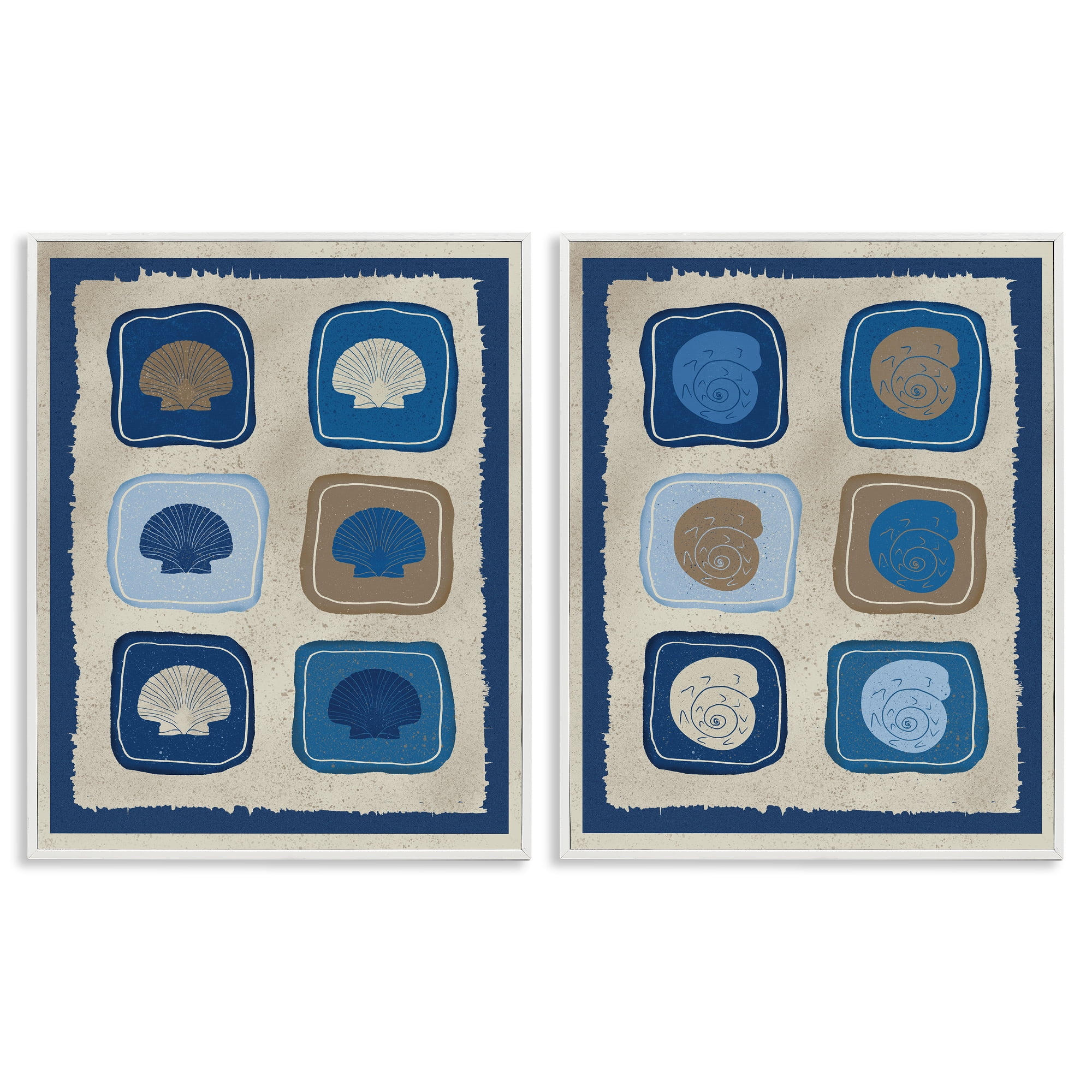 Stupell Industries Blue Blocked Seashells 2 Piece White Framed Giclee Art Set, design by Julia Frost