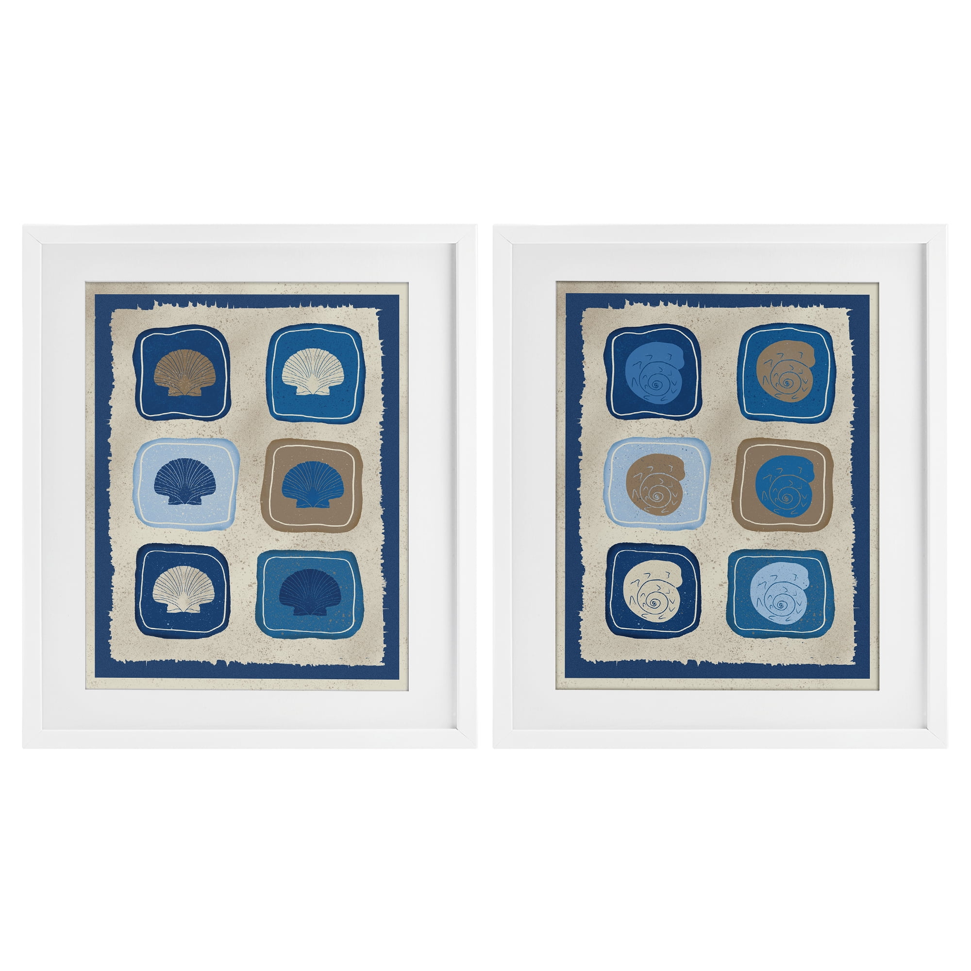 Stupell Industries Blue Blocked Seashells 2 Piece White Framed Print Under Glass Set, design by Julia Frost