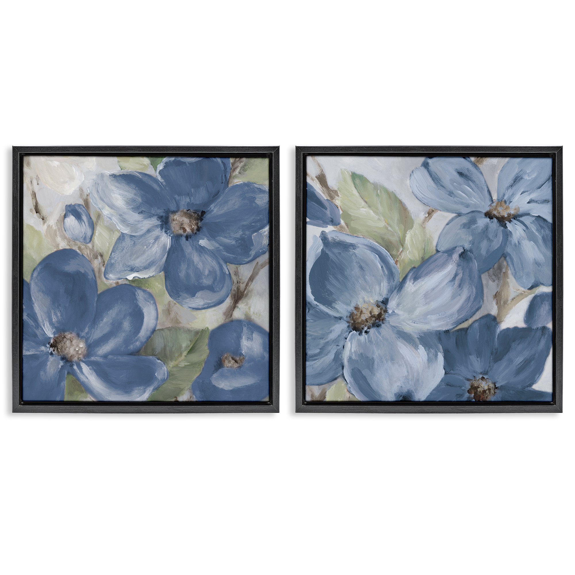 Stupell Industries Blue Blooming Petals Plants & Flowers Painting Black Floater Framed Canvas Art Print Wall Art, 25 x 25, Set of 2