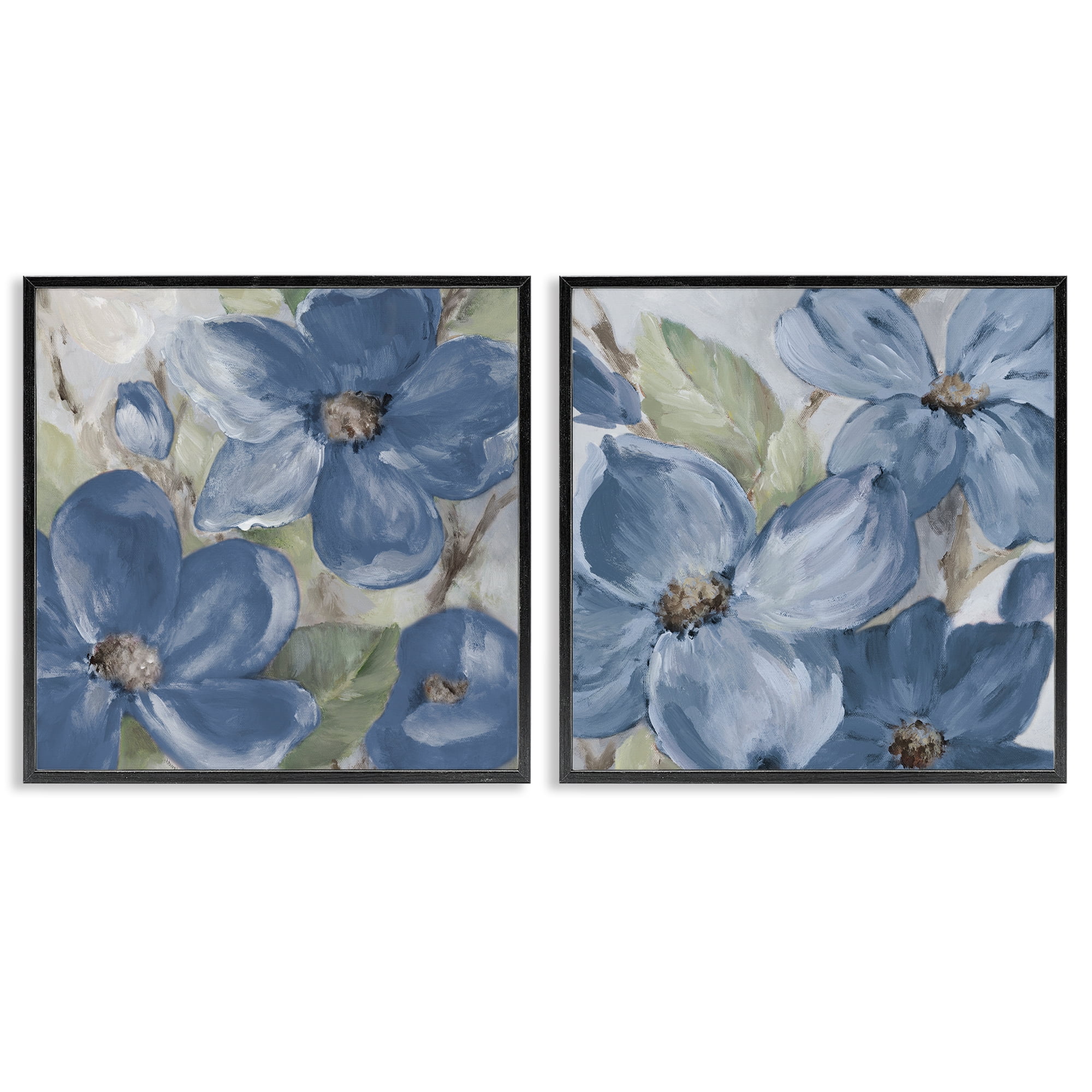 Stupell Industries Blue Blooming Petals Plants & Flowers Painting Black Framed Art Print Wall Art, 24 x 24, Set of 2