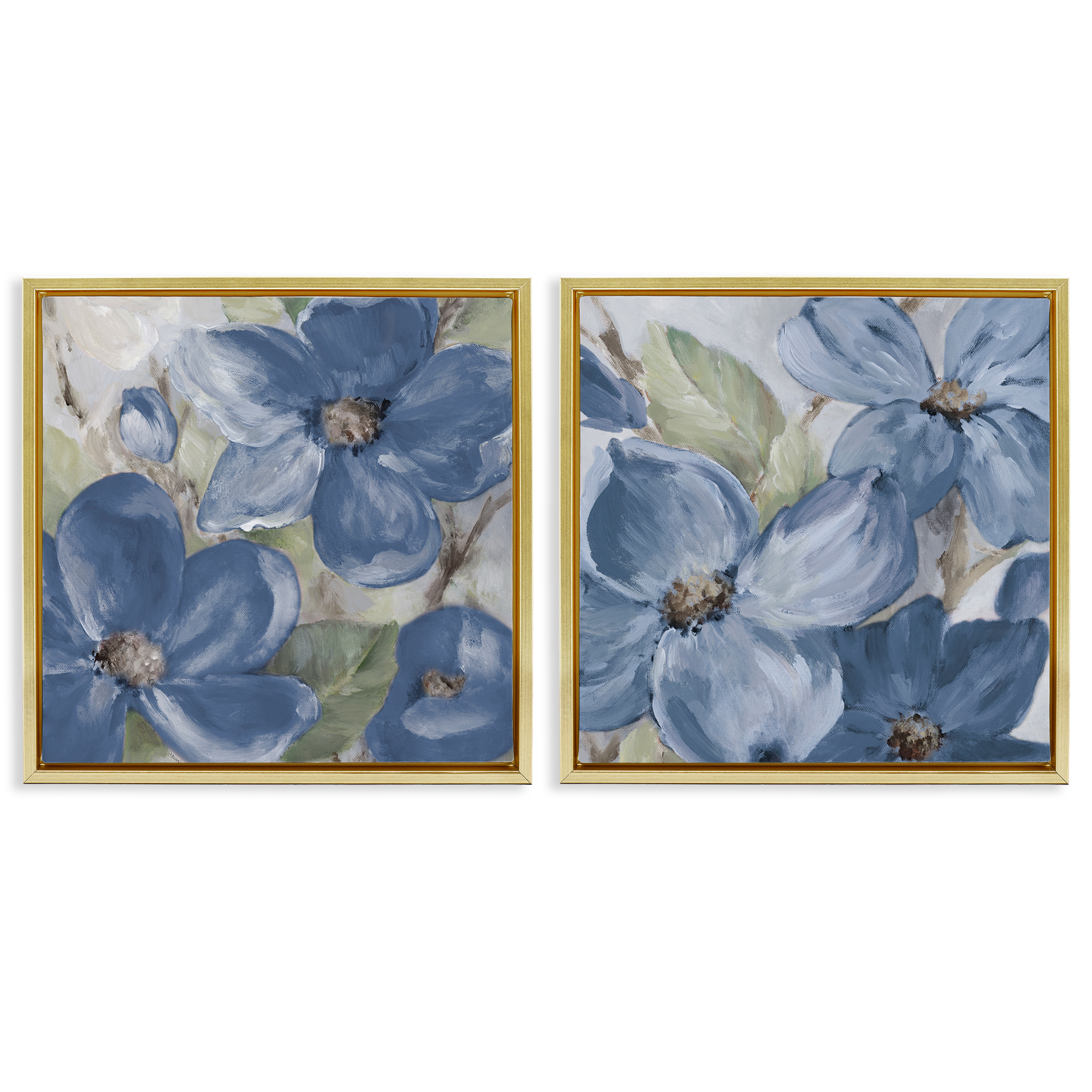 Stupell Industries Blue Blooming Petals Plants & Flowers Painting Gold Floater Framed Canvas Art Print Wall Art, 25 x 25, Set of 2