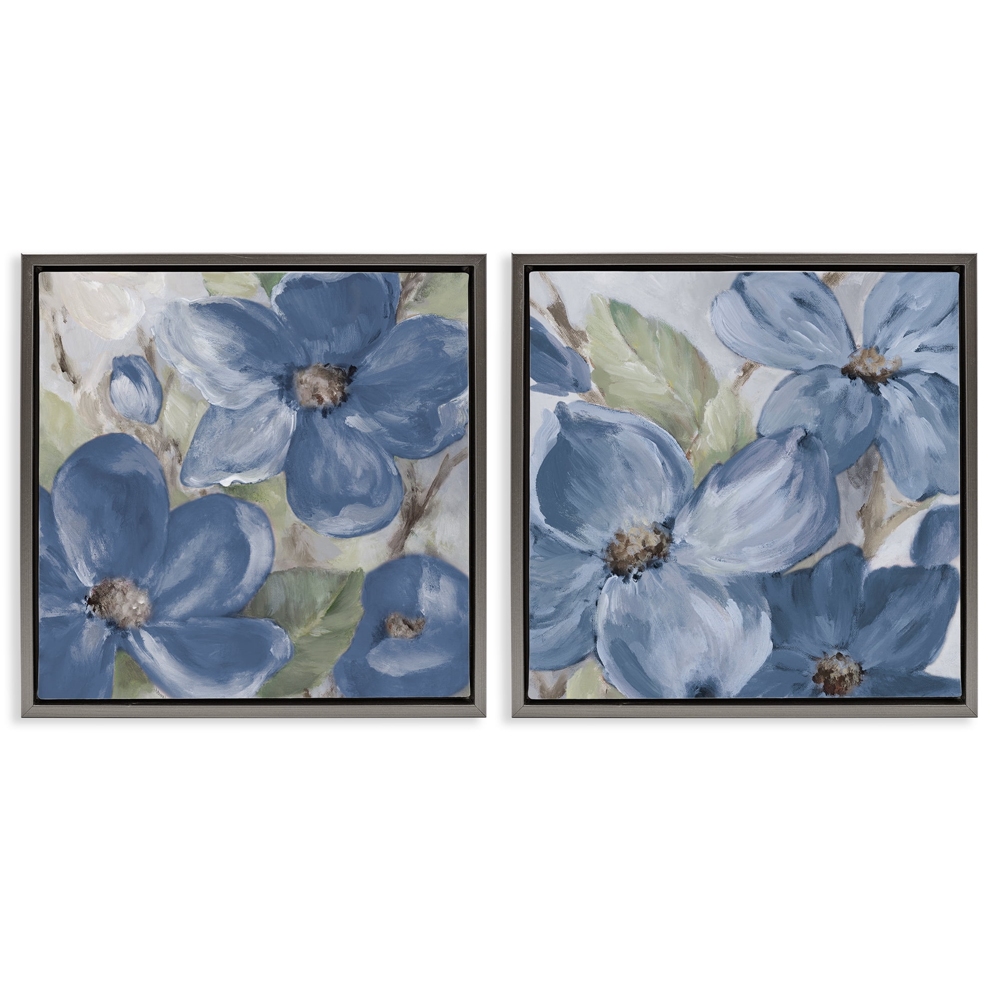 Stupell Industries Blue Blooming Petals Plants & Flowers Painting Gray Floater Framed Canvas Art Print Wall Art, 25 x 25, Set of 2