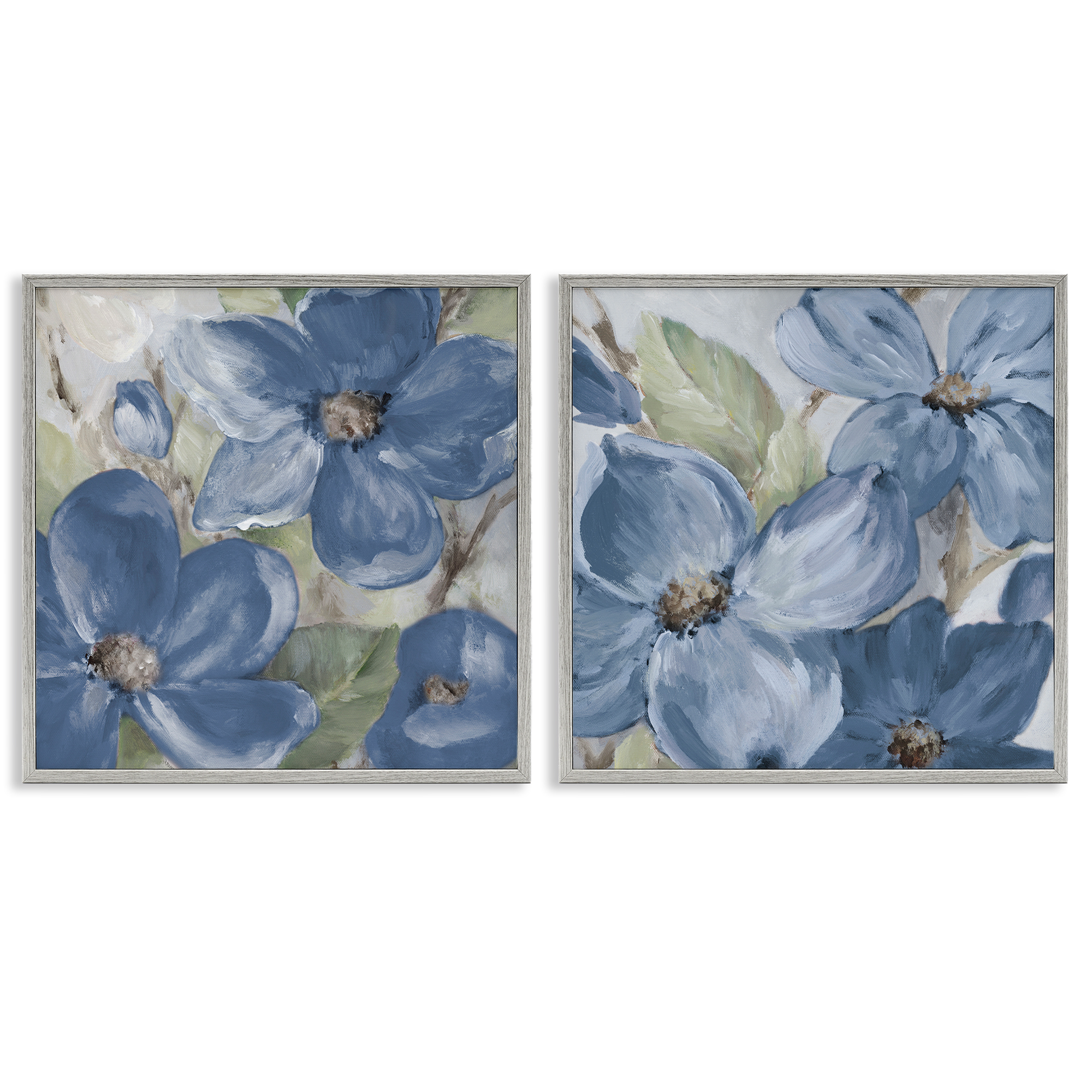 Stupell Industries Blue Blooming Petals Plants & Flowers Painting Gray Framed Art Print Wall Art, 12 x 12, Set of 2