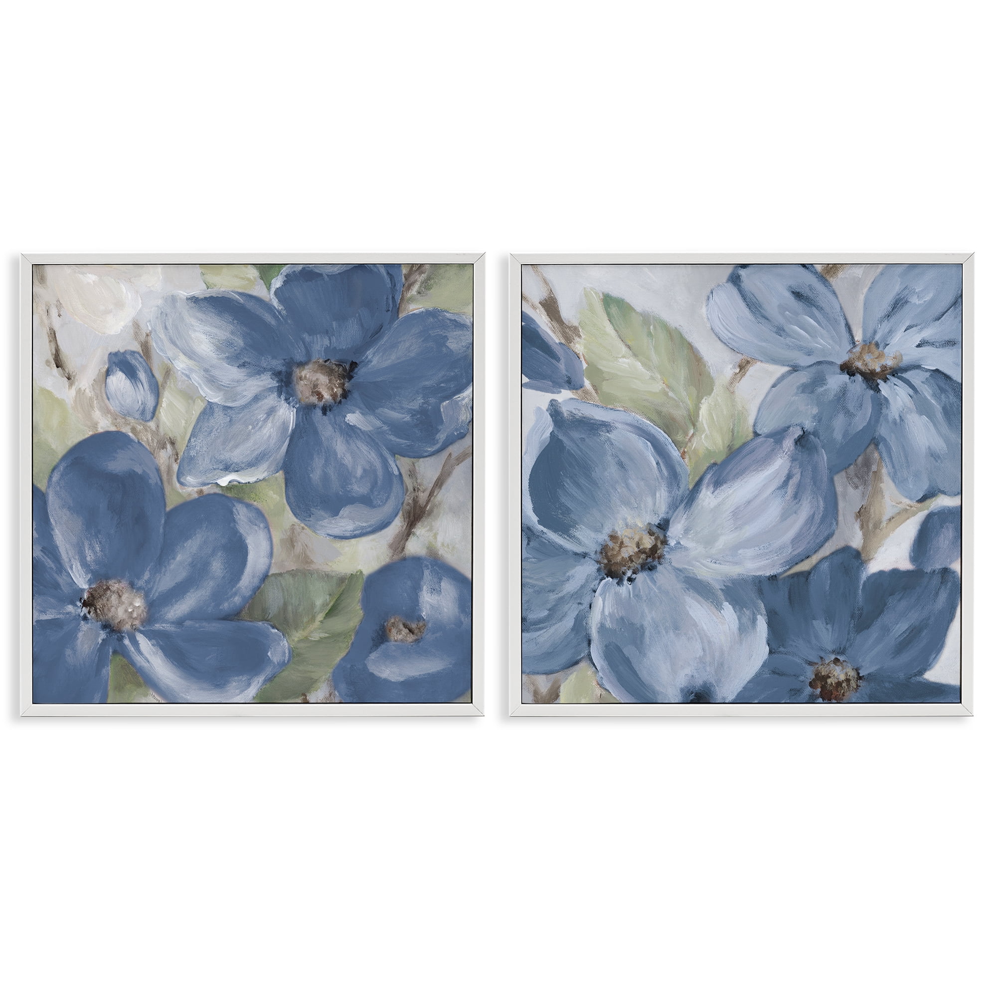 Stupell Industries Blue Blooming Petals Plants & Flowers Painting White Framed Art Print Wall Art, 24 x 24, Set of 2