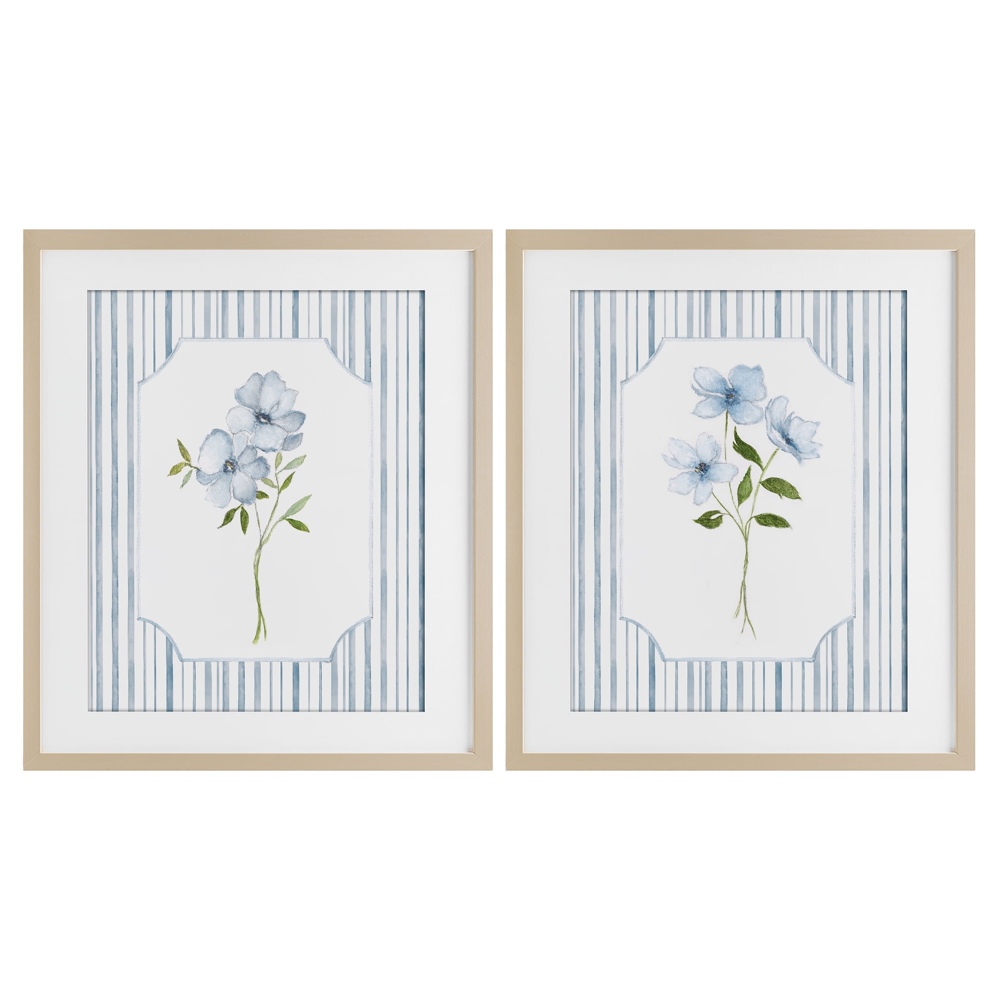 Stupell Industries Blue Blooms & Stripes 2 Piece Birch Framed Print Under Glass Set, design by Tava Studios