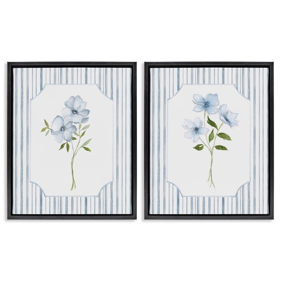 Stupell Industries French Country Blue Blooms & Stripes Black 2pc Floating Frame Art Set, 25 x 31 each, by Tava Studios