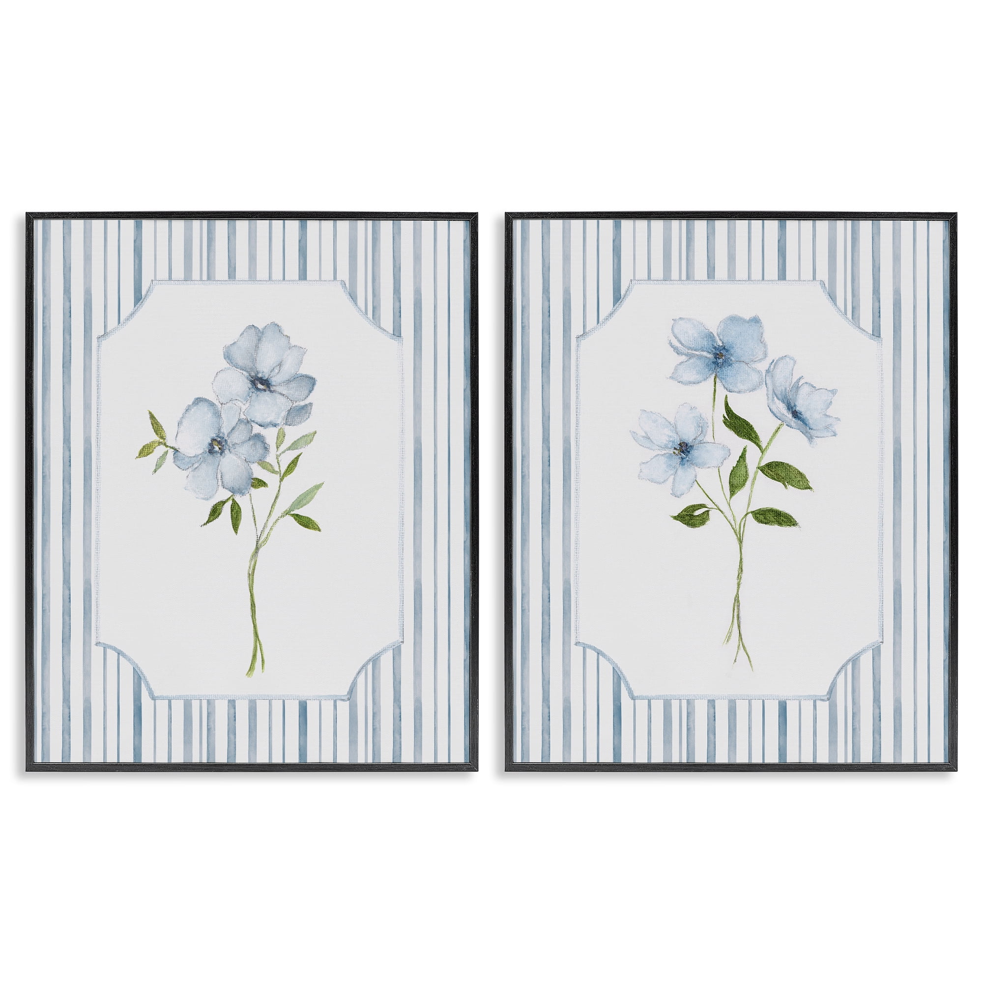 Stupell Industries Blue Blooms & Stripes 2 Piece Black Framed Giclee Art Set, design by Tava Studios