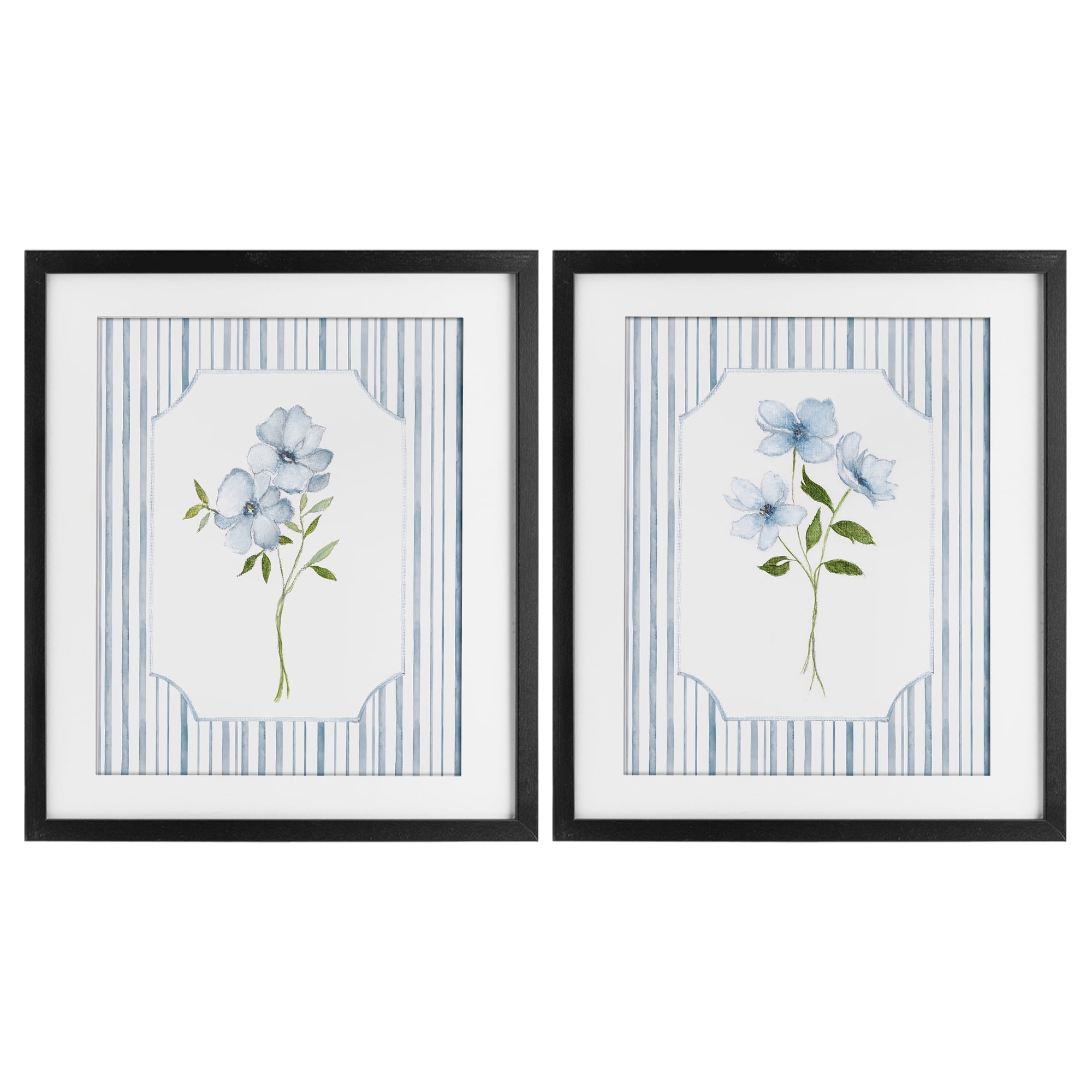 Stupell Industries Blue Blooms & Stripes 2 Piece Black Framed Print Under Glass Set, design by Tava Studios