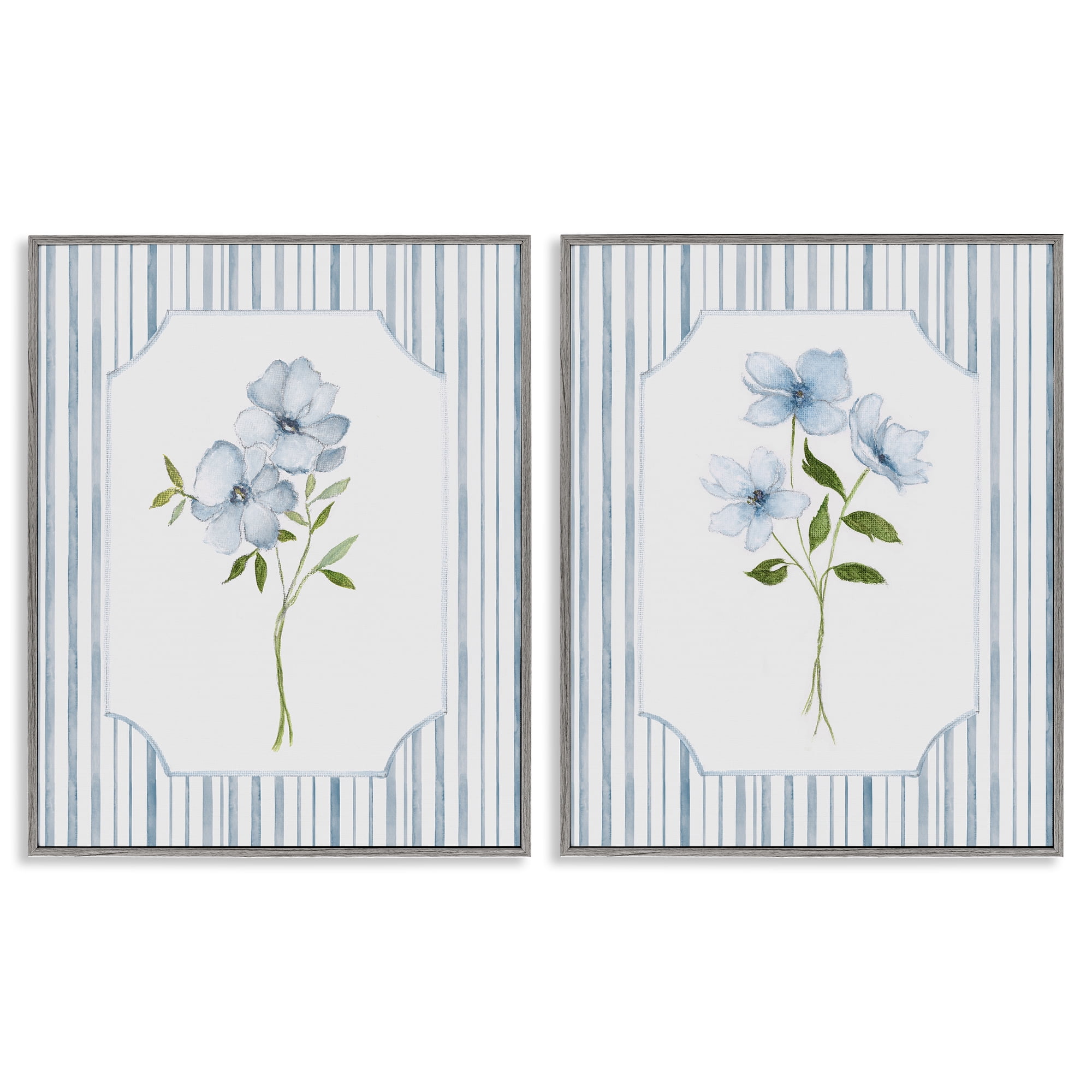 Stupell Industries Blue Blooms & Stripes 2 Piece Gray Framed Giclee Art Set, design by Tava Studios