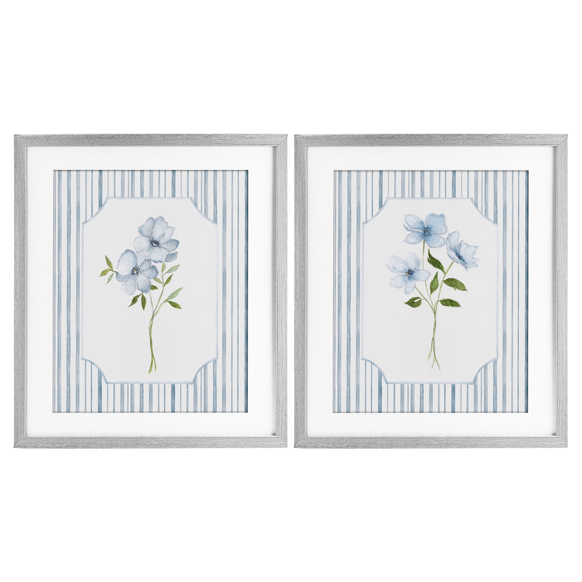 Stupell Industries Blue Blooms & Stripes 2 Piece Gray Framed Print Under Glass Set, design by Tava Studios