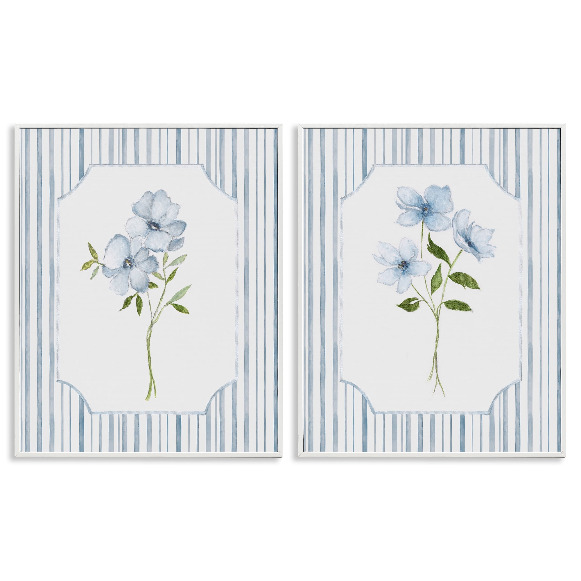 Stupell Industries Blue Blooms & Stripes 2 Piece White Framed Giclee Art Set, design by Tava Studios