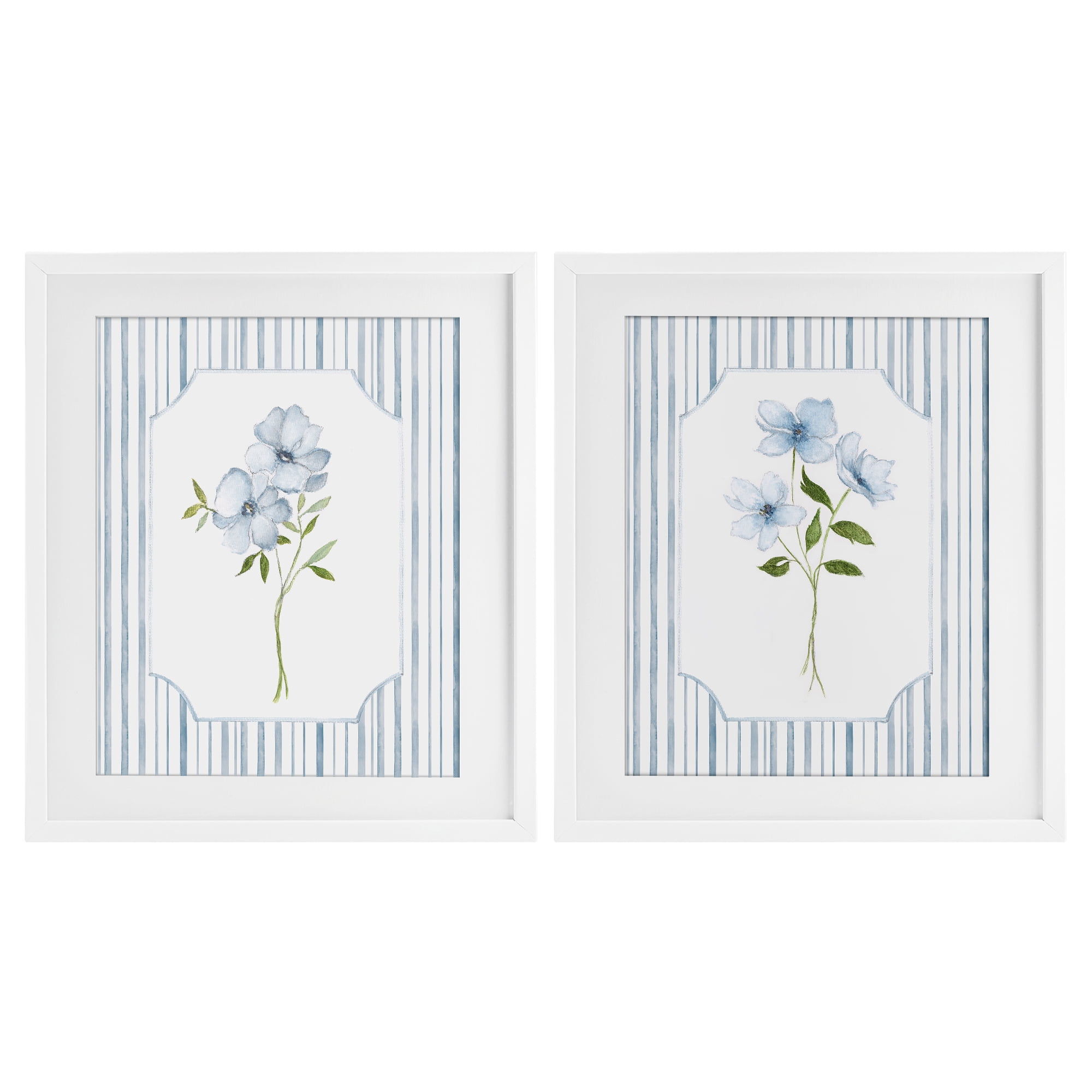 Stupell Industries Blue Blooms & Stripes 2 Piece White Framed Print Under Glass Set, design by Tava Studios