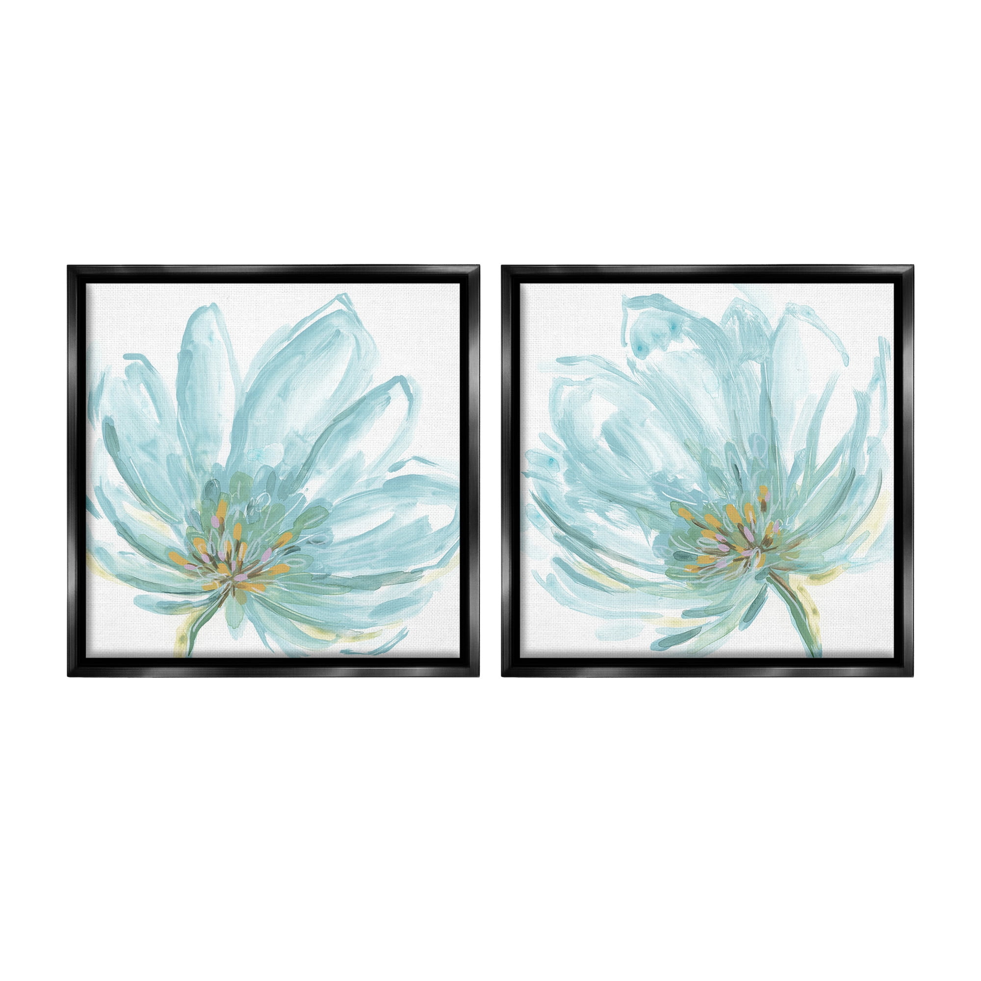 Stupell Industries Blue Blossoms on White Botanical & Floral Painting Black Floater Framed Canvas Art Print Wall Art, 18 x 18, Set of 2
