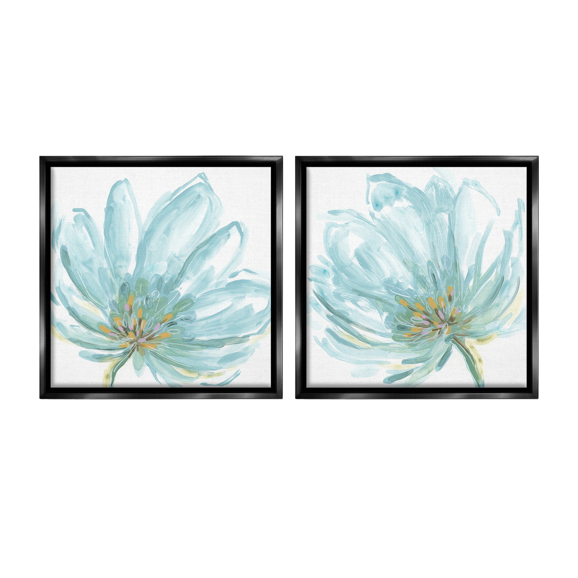 Stupell Industries Blue Blossoms on White Botanical & Floral Painting Black Floater Framed Canvas Art Print Wall Art, 25 x 25, Set of 2