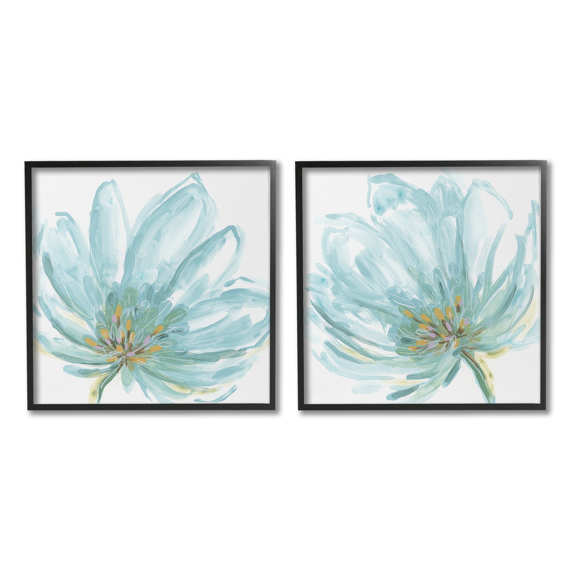 Stupell Industries Blue Blossoms on White Botanical & Floral Painting Black Framed Art Print Wall Art, 24 x 24, Set of 2