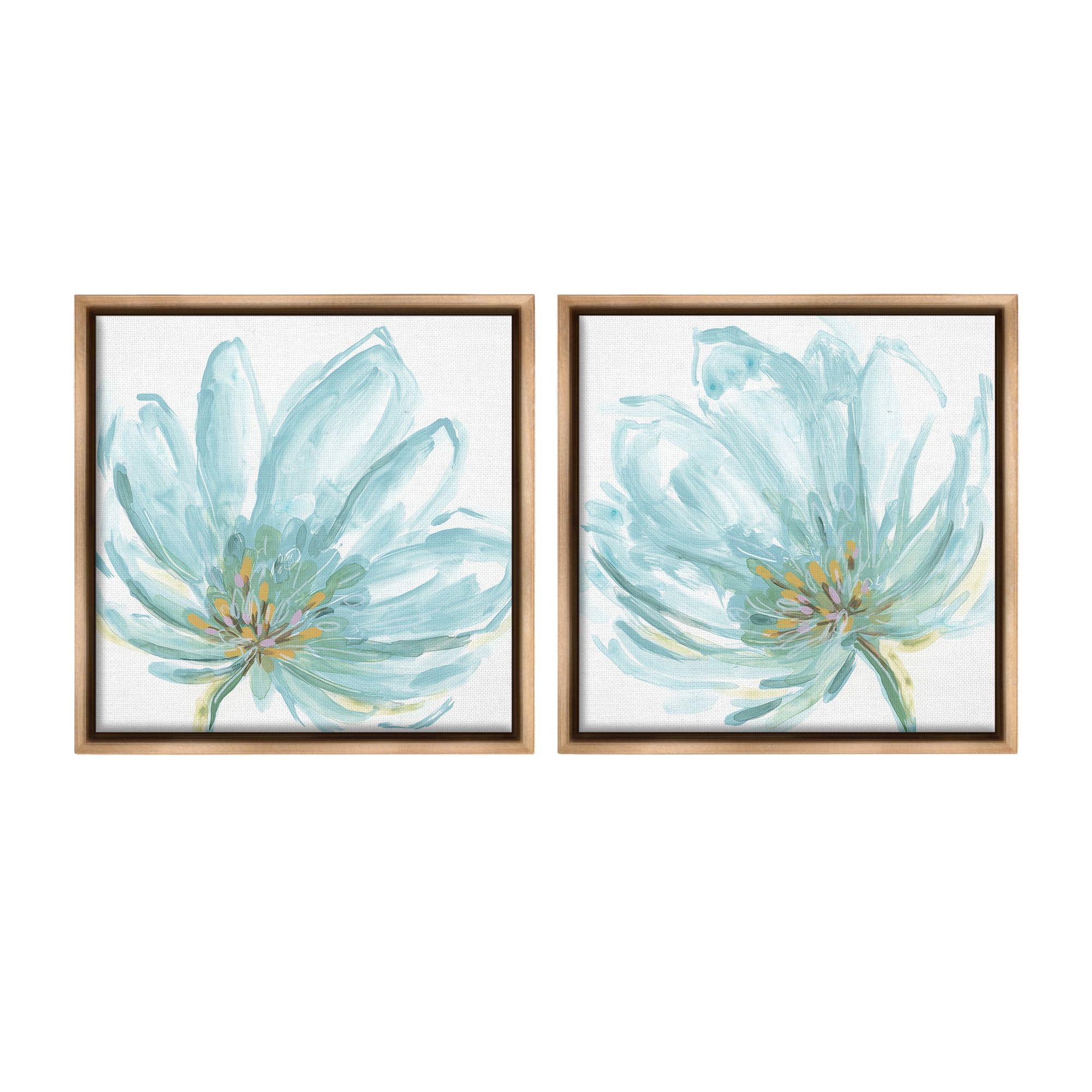 Stupell Industries Blue Blossoms on White Botanical & Floral Painting Brown Floater Framed Canvas Art Print Wall Art, 18 x 18, Set of 2