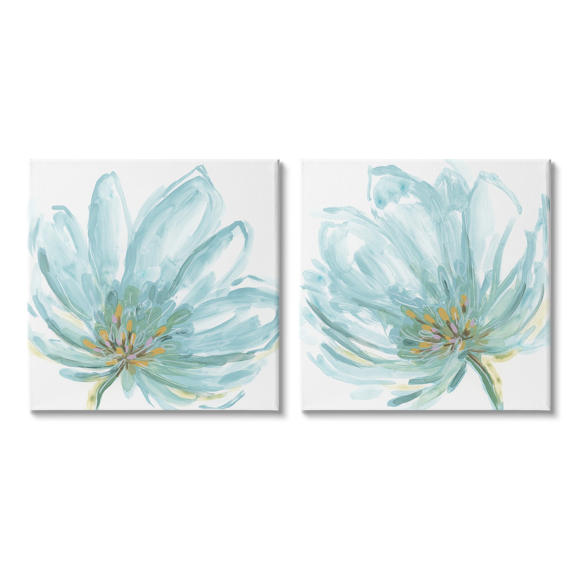 Stupell Industries Blue Blossoms on White Botanical & Floral Painting Gallery Wrapped Canvas Art Print Wall Art, 24 x 24, Set of 2