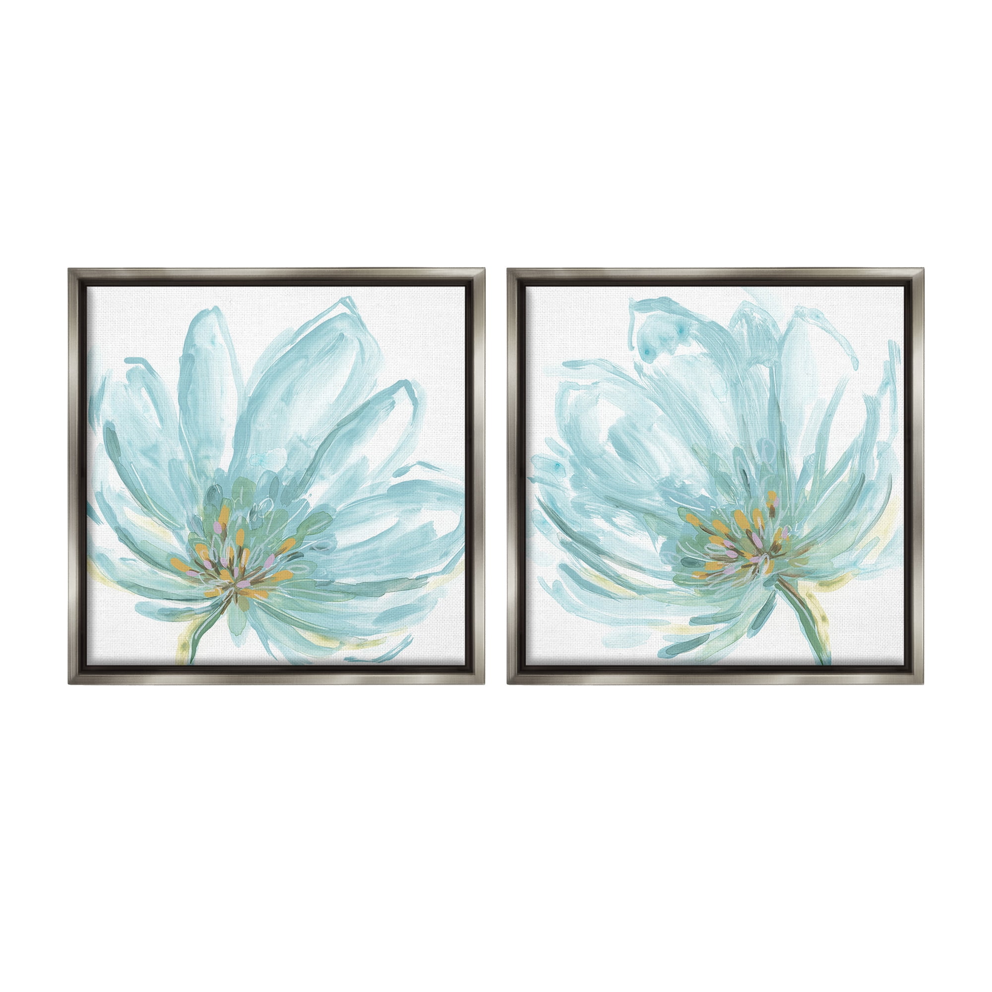 Stupell Industries Blue Blossoms on White Botanical & Floral Painting Gray Floater Framed Canvas Art Print Wall Art, 18 x 18, Set of 2