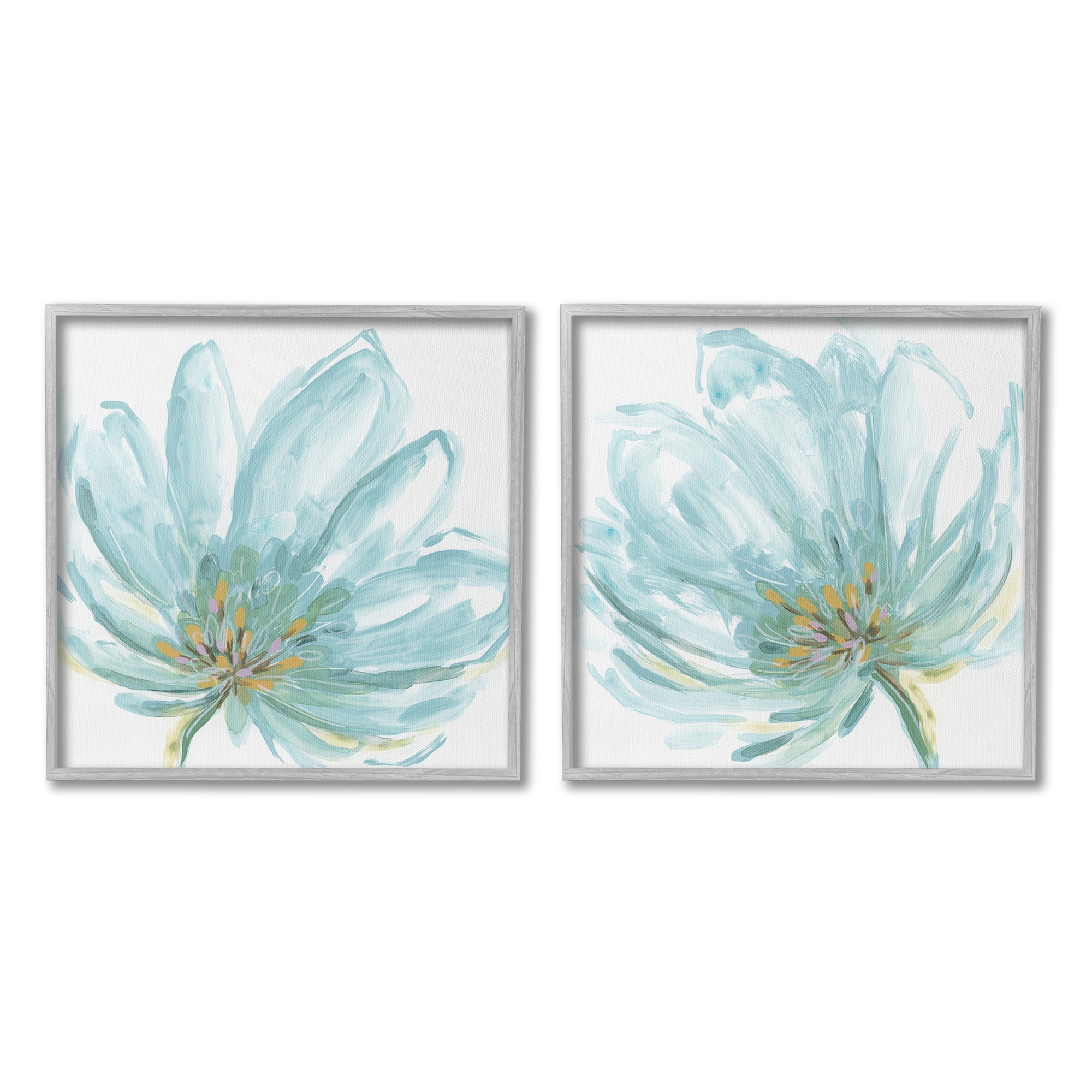 Stupell Industries Blue Blossoms on White Botanical & Floral Painting Gray Framed Art Print Wall Art, 12 x 12, Set of 2