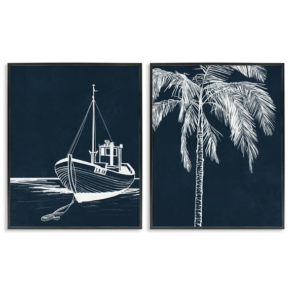 Stupell Industries Blue Boat & Palm Transportation Painting Black Framed Art Print Wall Art, 11 x 14, Set of 2
