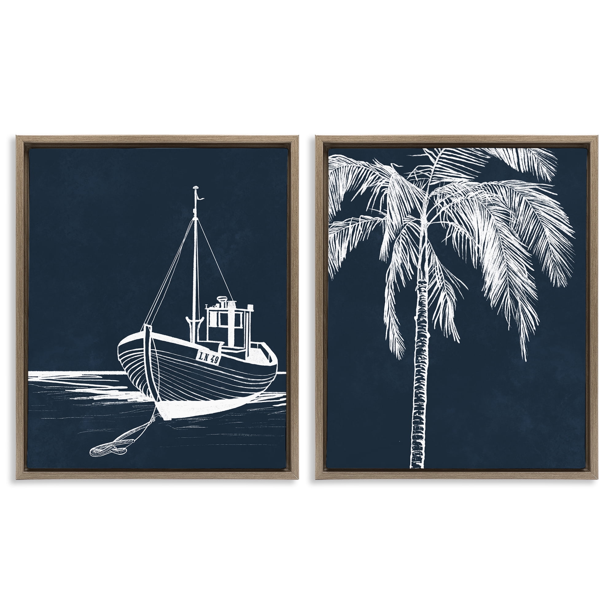 Stupell Industries Blue Boat & Palm Transportation Painting Brown Floater Framed Canvas Art Print Wall Art, 31 x 25, Set of 2