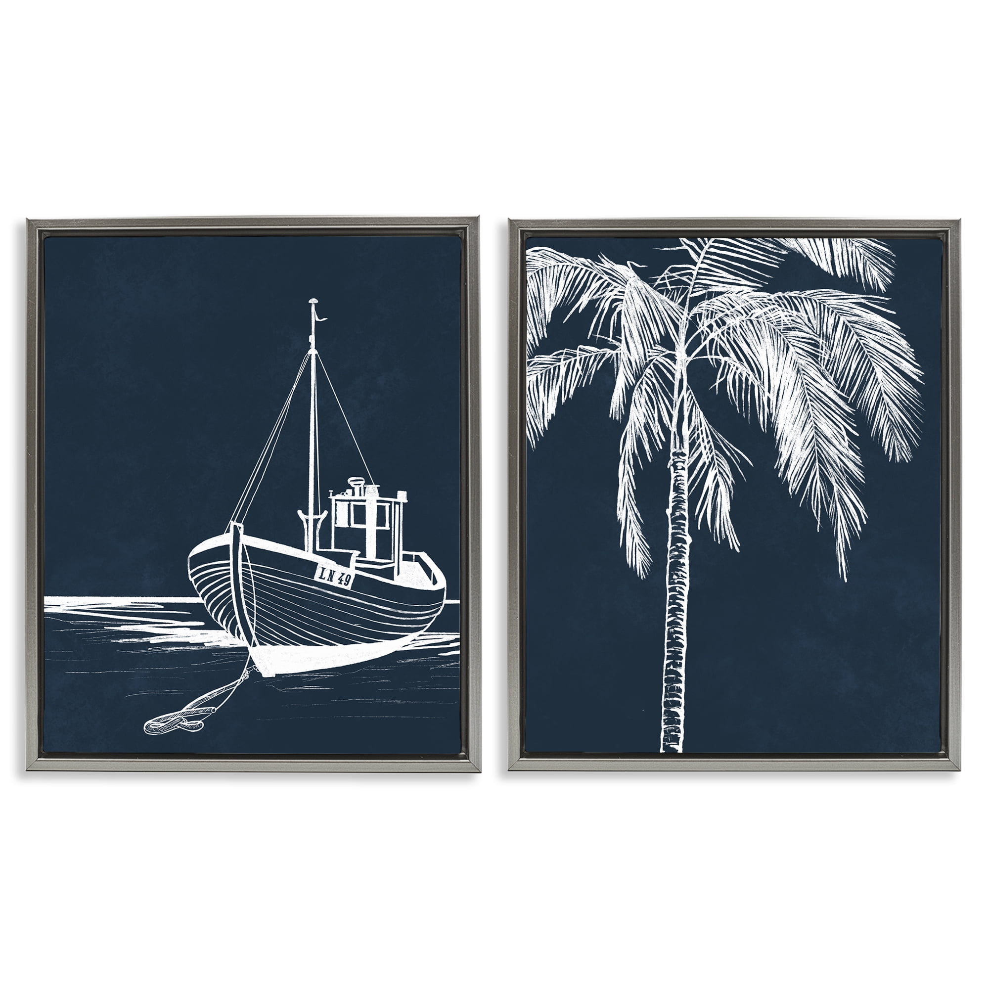 Stupell Industries Blue Boat & Palm Transportation Painting Gray Floater Framed Canvas Art Print Wall Art, 17 x 21, Set of 2