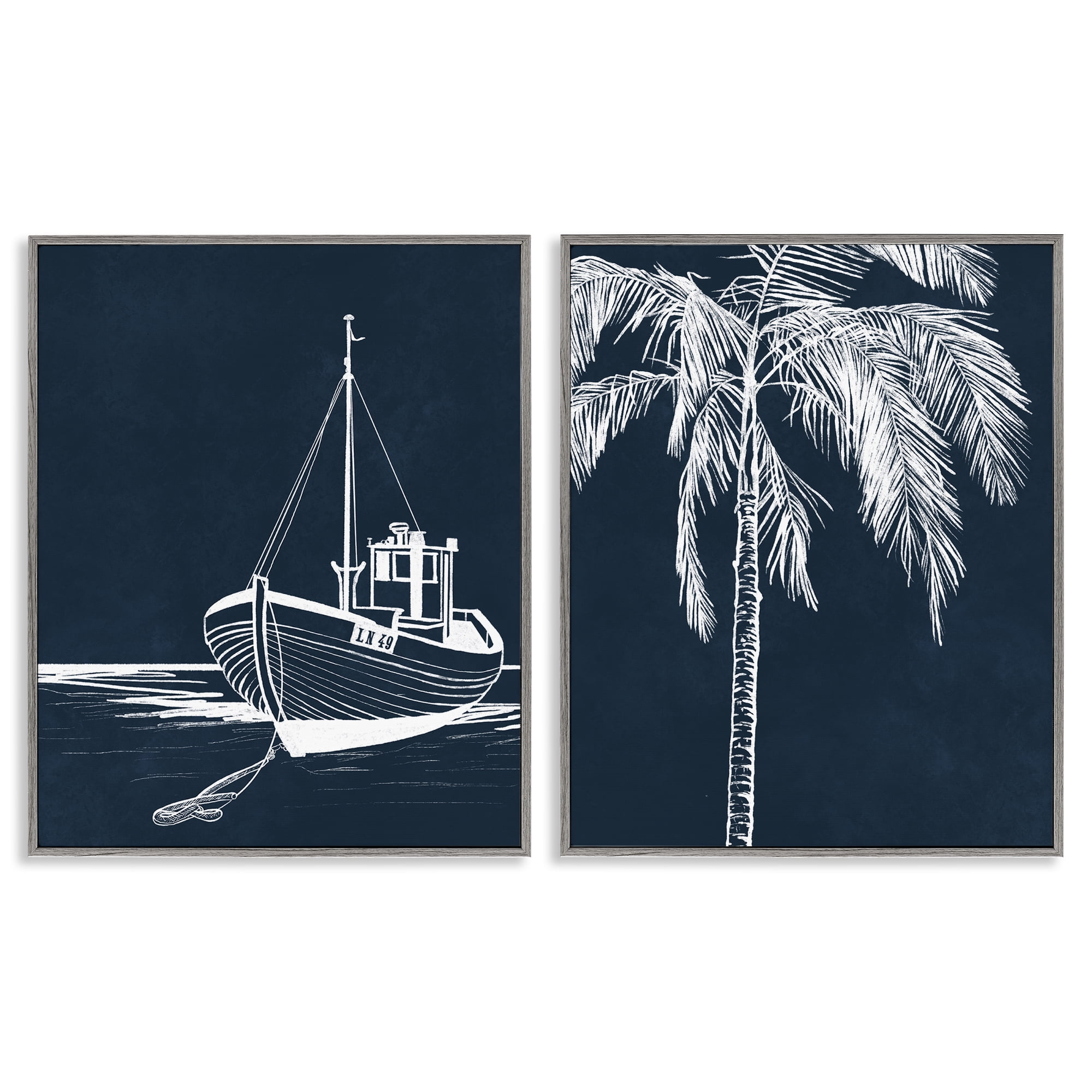 Stupell Industries Blue Boat & Palm Transportation Painting Gray Framed Art Print Wall Art, 24 x 30, Set of 2