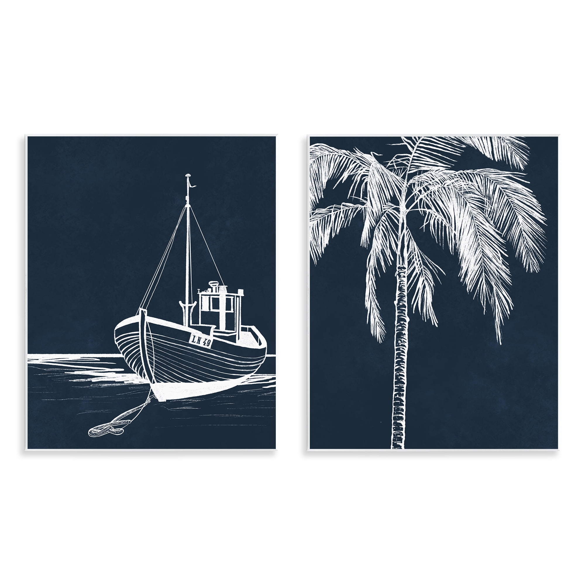 Stupell Industries Blue Boat & Palm Transportation Painting Unframed Art Print Wall Art, 11 x 14, Set of 2