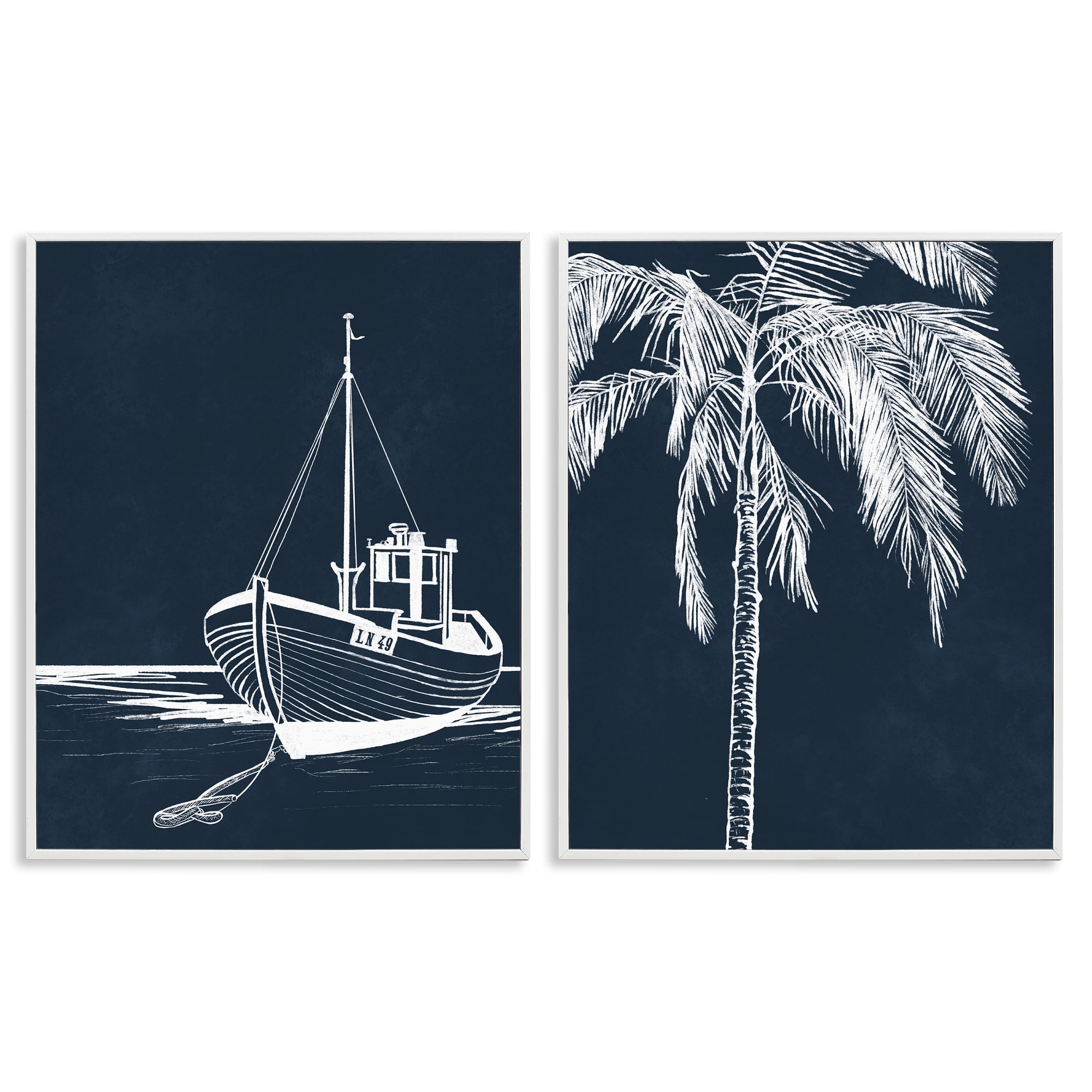 Stupell Industries Blue Boat & Palm Transportation Painting White Framed Art Print Wall Art, 11 x 14, Set of 2