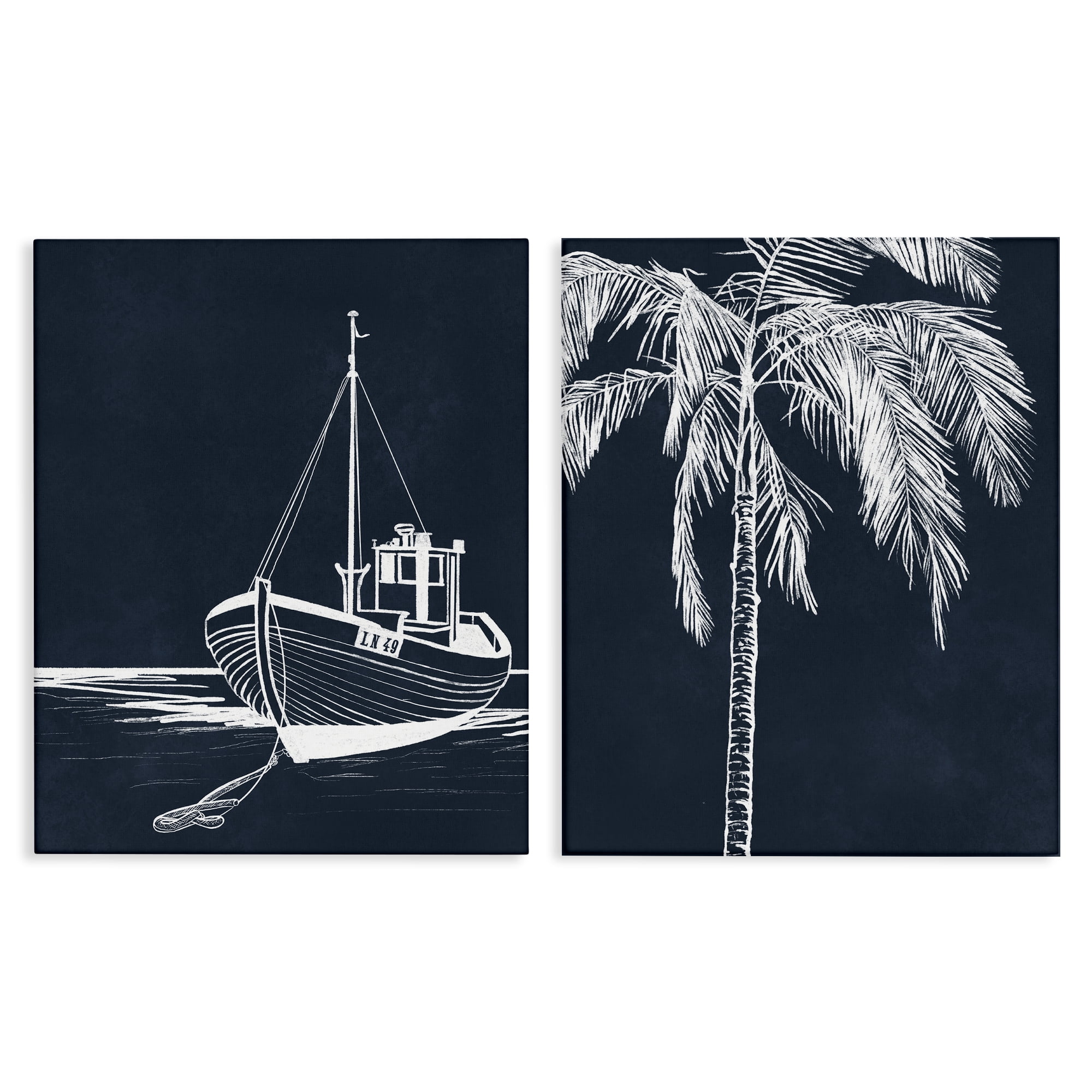 Stupell Industries Blue Boat & Palm Transportation Painting Wrapped Canvas Art Print Wall Art, 24 x 30, Set of 2