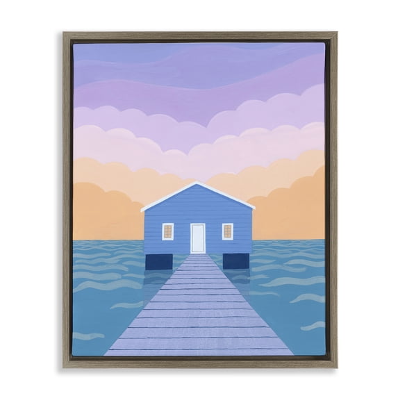 Stupell Industries Blue Boat Shed Sunrise Brown Framed Floater Canvas Wall Art design by Courtney Haley, 21 x 17