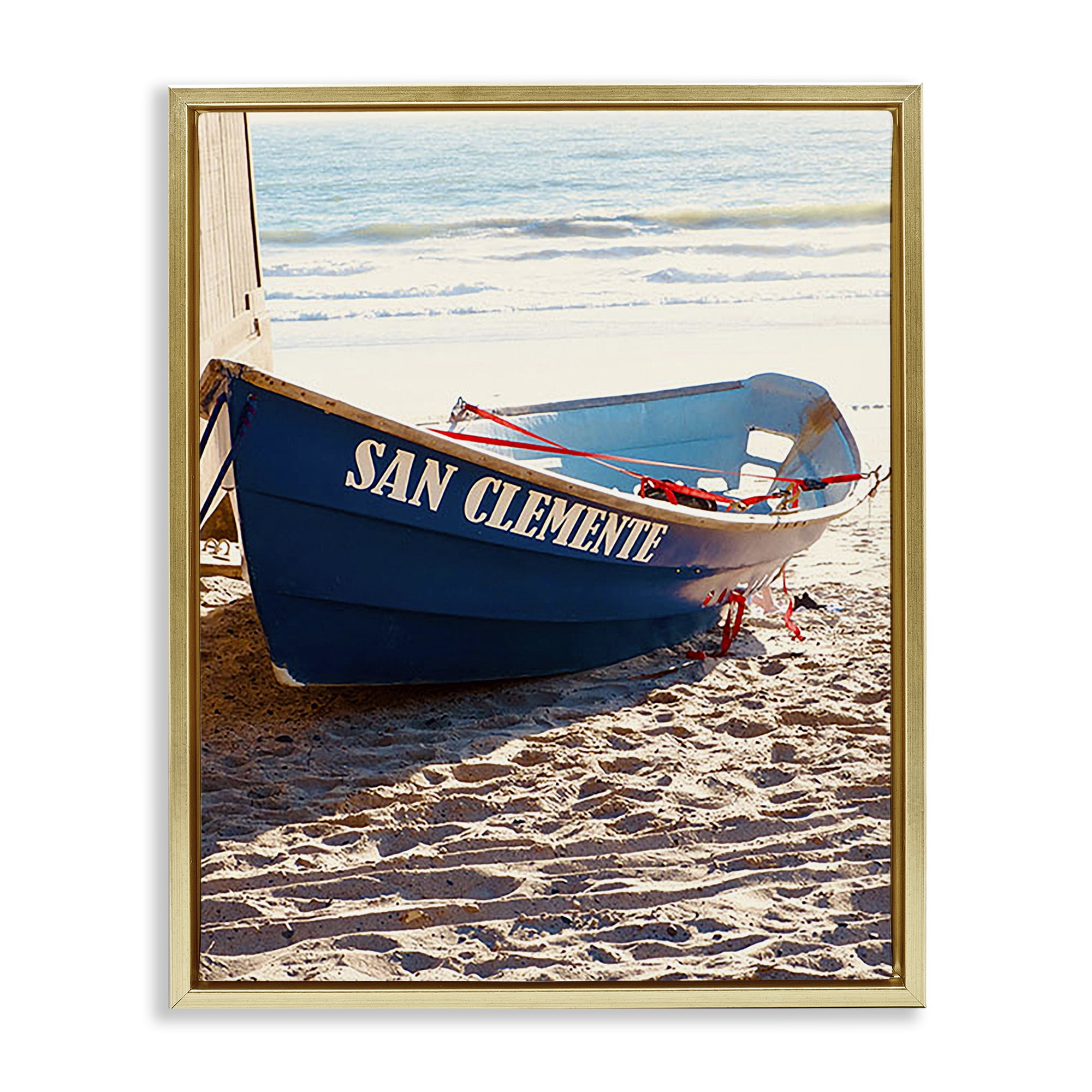 Stupell Industries Blue Boat on Sand Transportation Photography Gold Floater Framed Canvas Art Print Wall Art, 17 x 21
