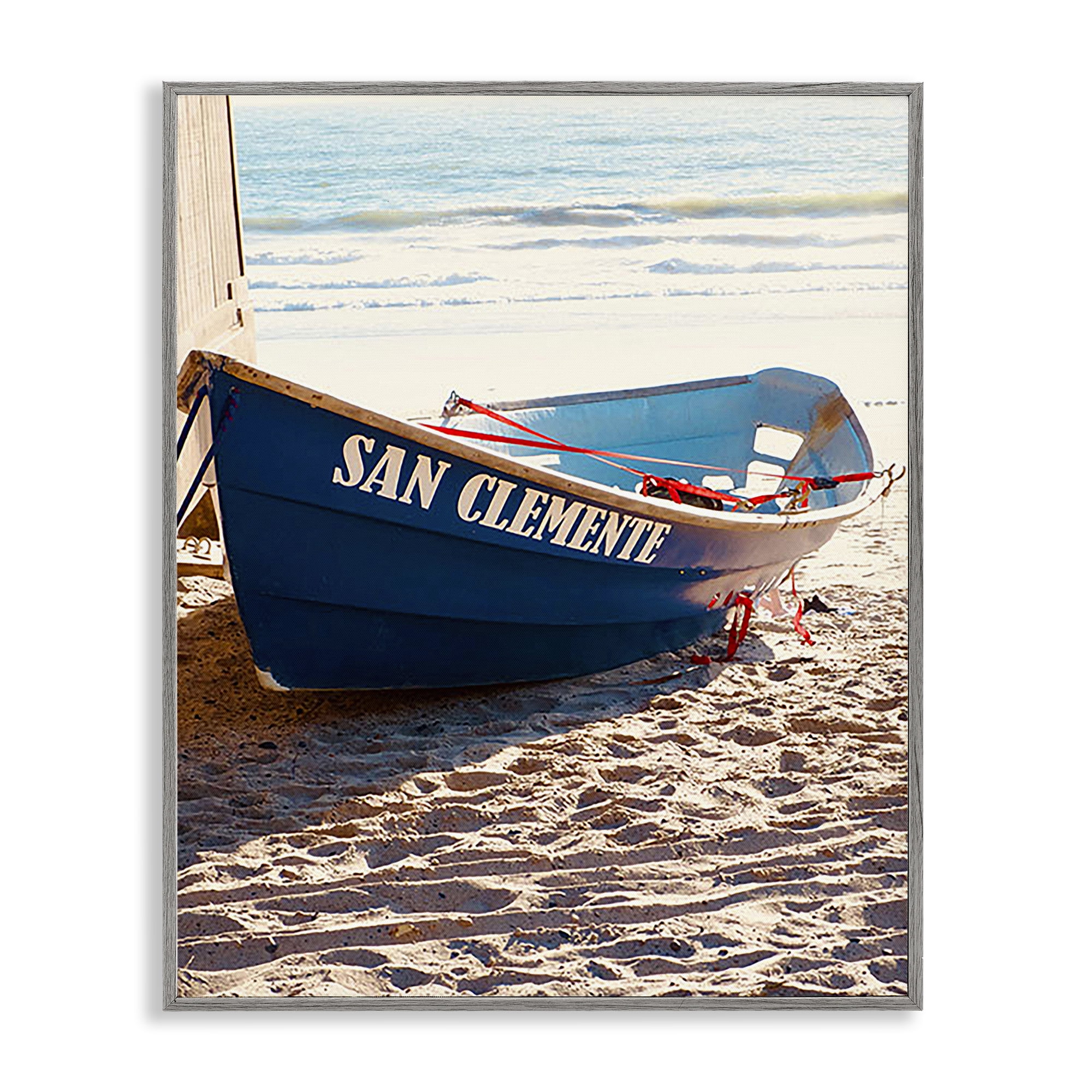 Stupell Industries Blue Boat on Sand Transportation Photography Gray Framed Art Print Wall Art, 11 x 14