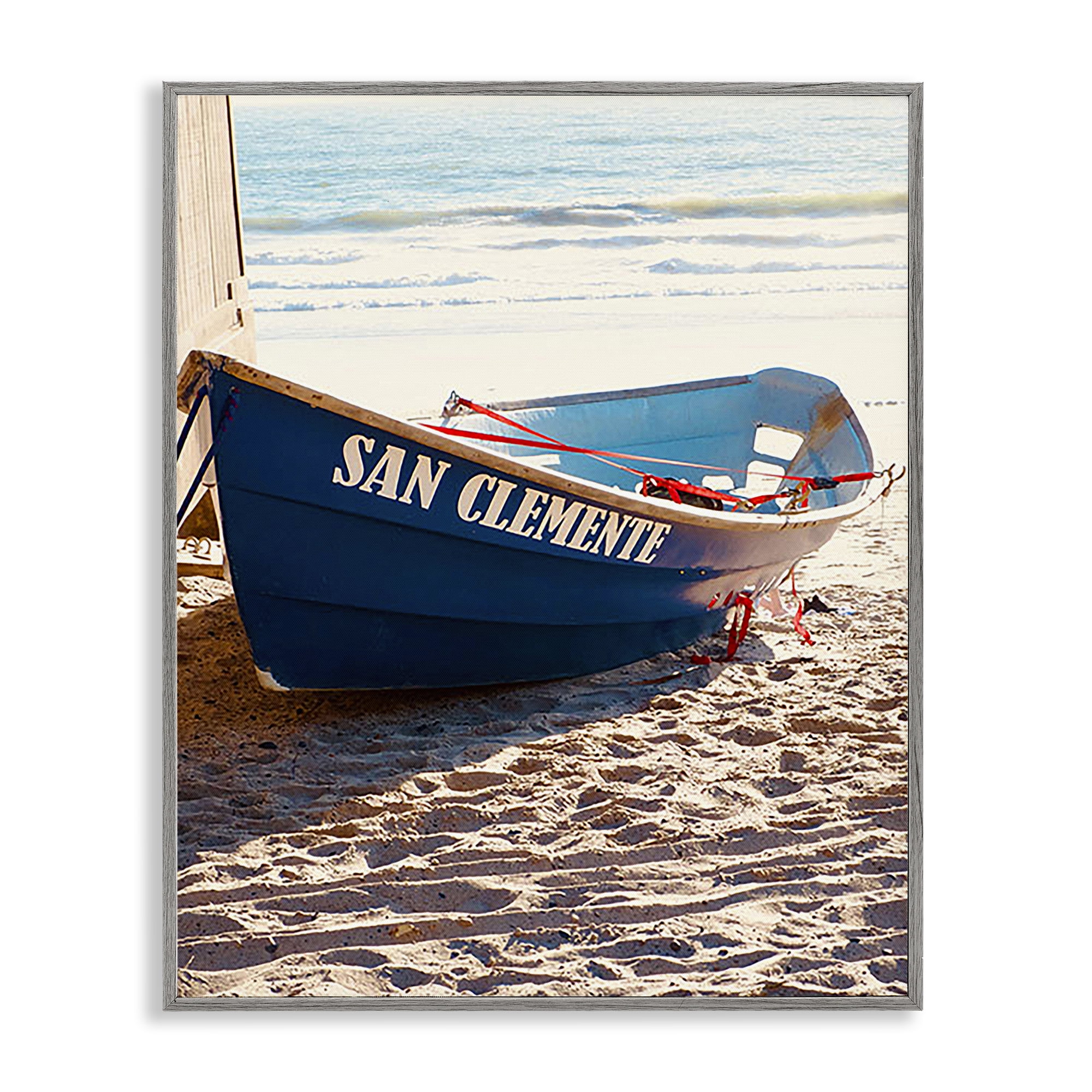 Stupell Industries Blue Boat on Sand Transportation Photography Gray Framed Art Print Wall Art, 24 x 30