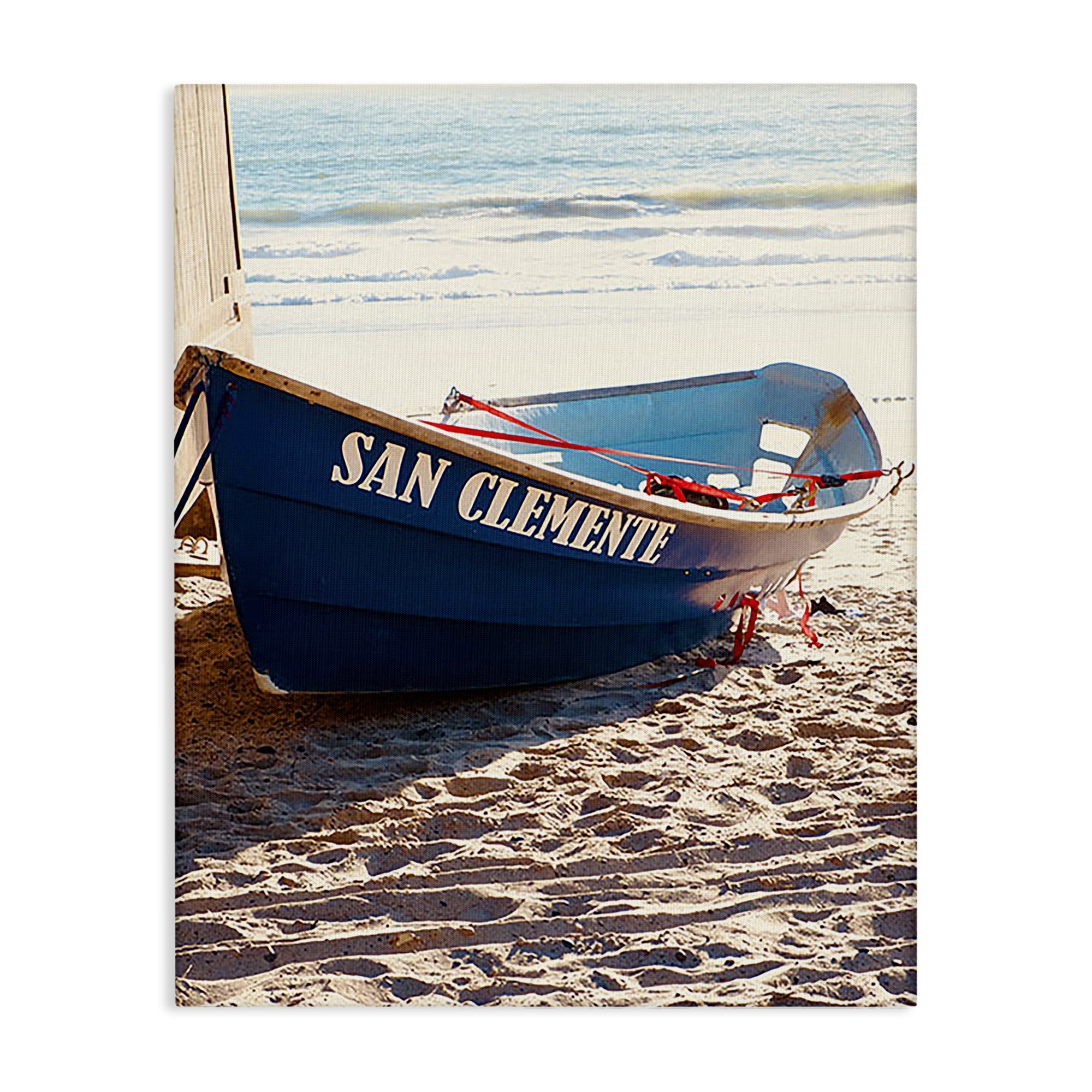 Stupell Industries Blue Boat on Sand Transportation Photography Wrapped Canvas Art Print Wall Art, 24 x 30
