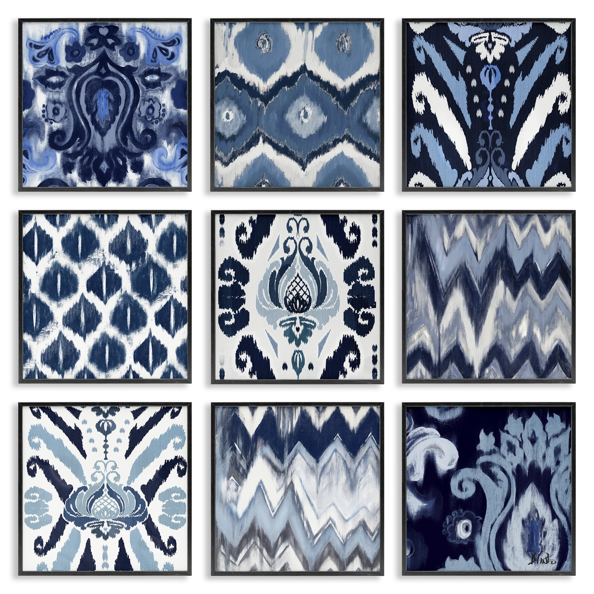 Stupell Industries Blue Boho Patterns Abstract Painting Black Framed Art Print Wall Art, 12 x 12, Set of 9