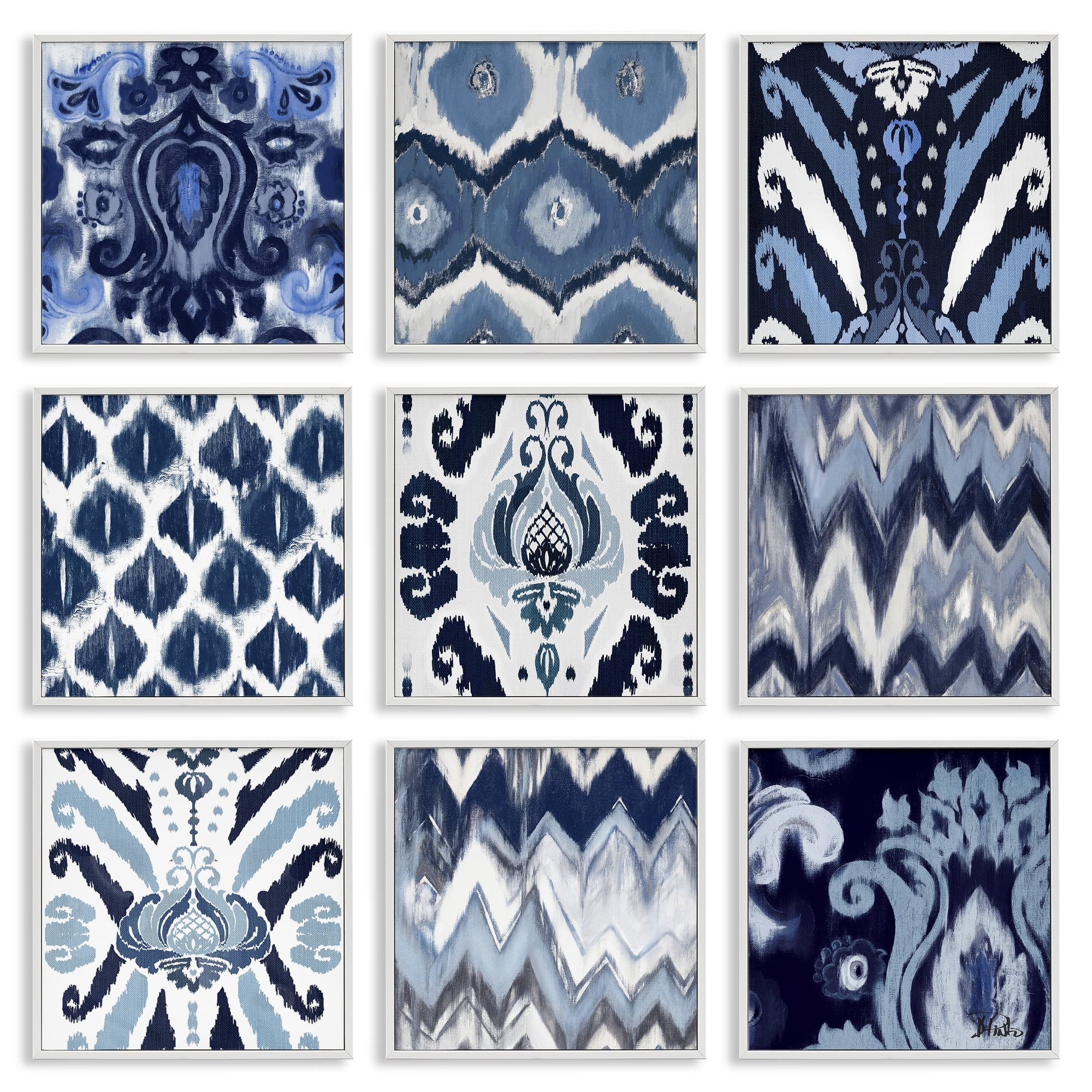 Stupell Industries Blue Boho Patterns Abstract Painting White Framed Art Print Wall Art, 12 x 12, Set of 9