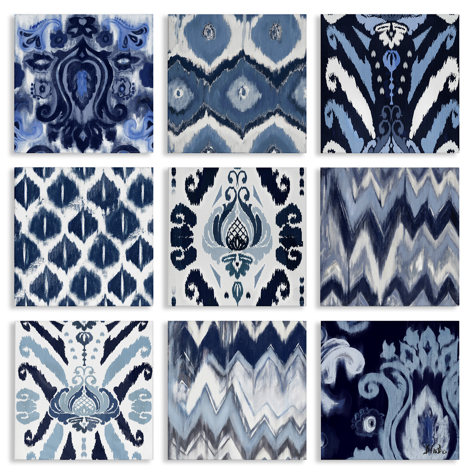 Stupell Industries Blue Boho Patterns Abstract Painting Wrapped Canvas Art Print Wall Art, 12 x 12, Set of 9